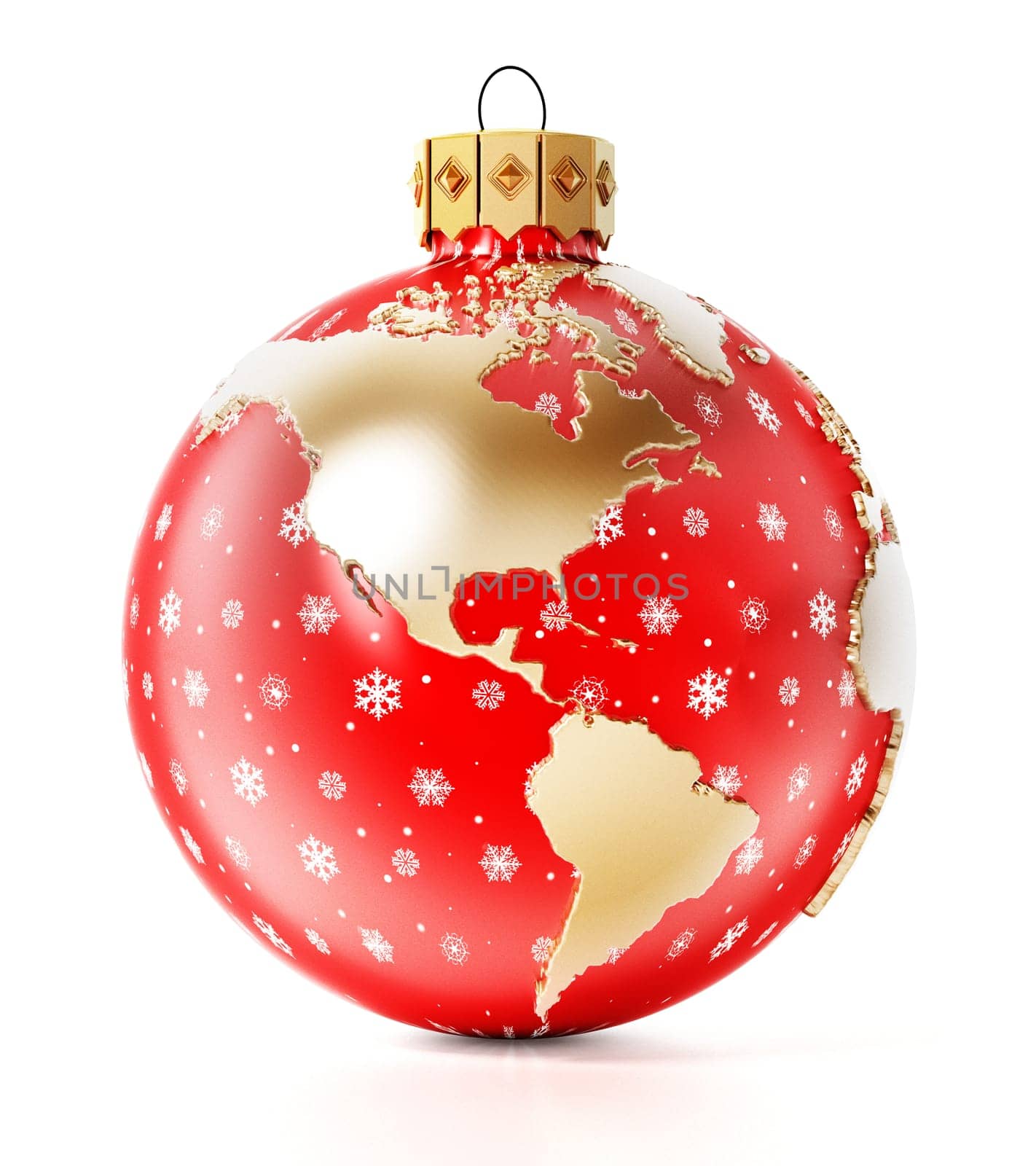 Christmas bauble with earth map isolated on white background. 3D rendering.