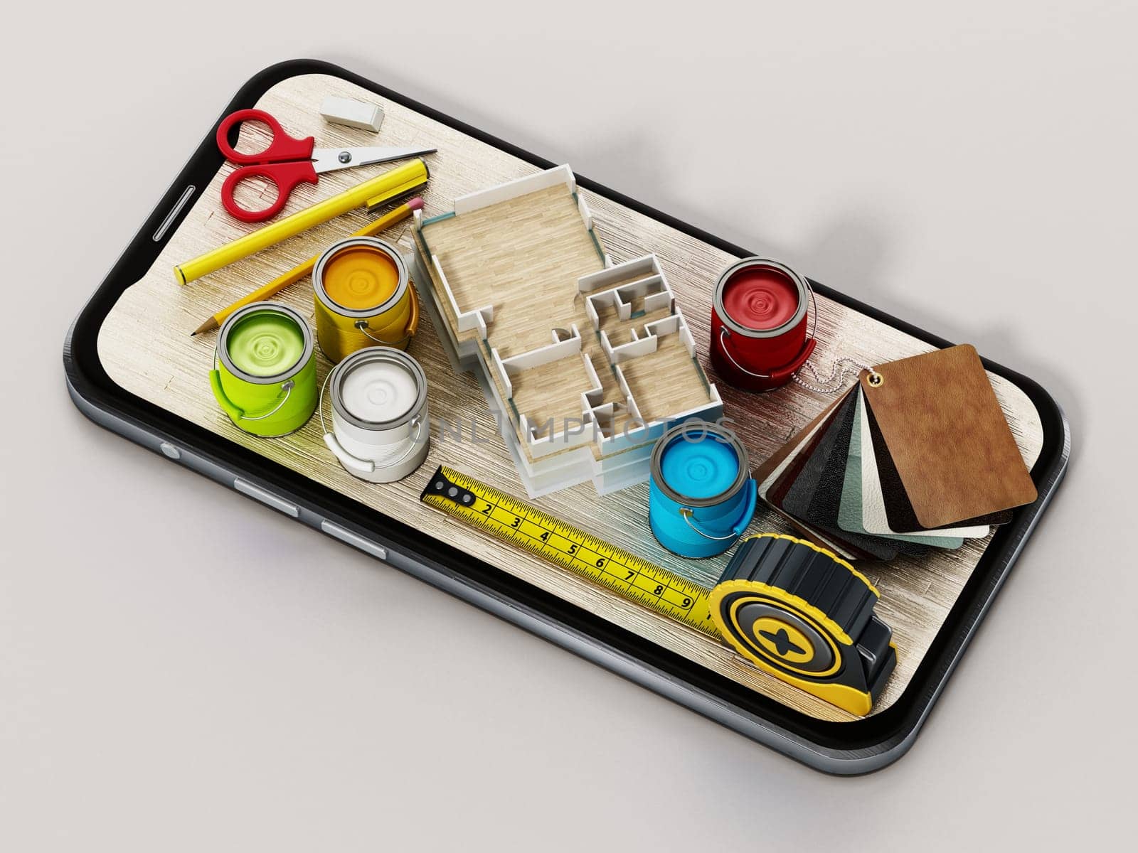 Paint cans, cartelas, tape measure and other tools on smartphone. 3D illustration.