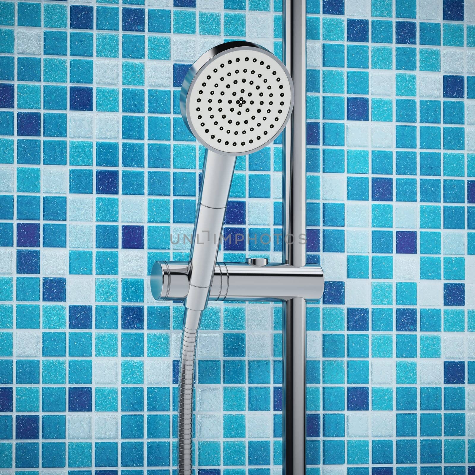 Shower head and fitting on the wall. 3D illustration.