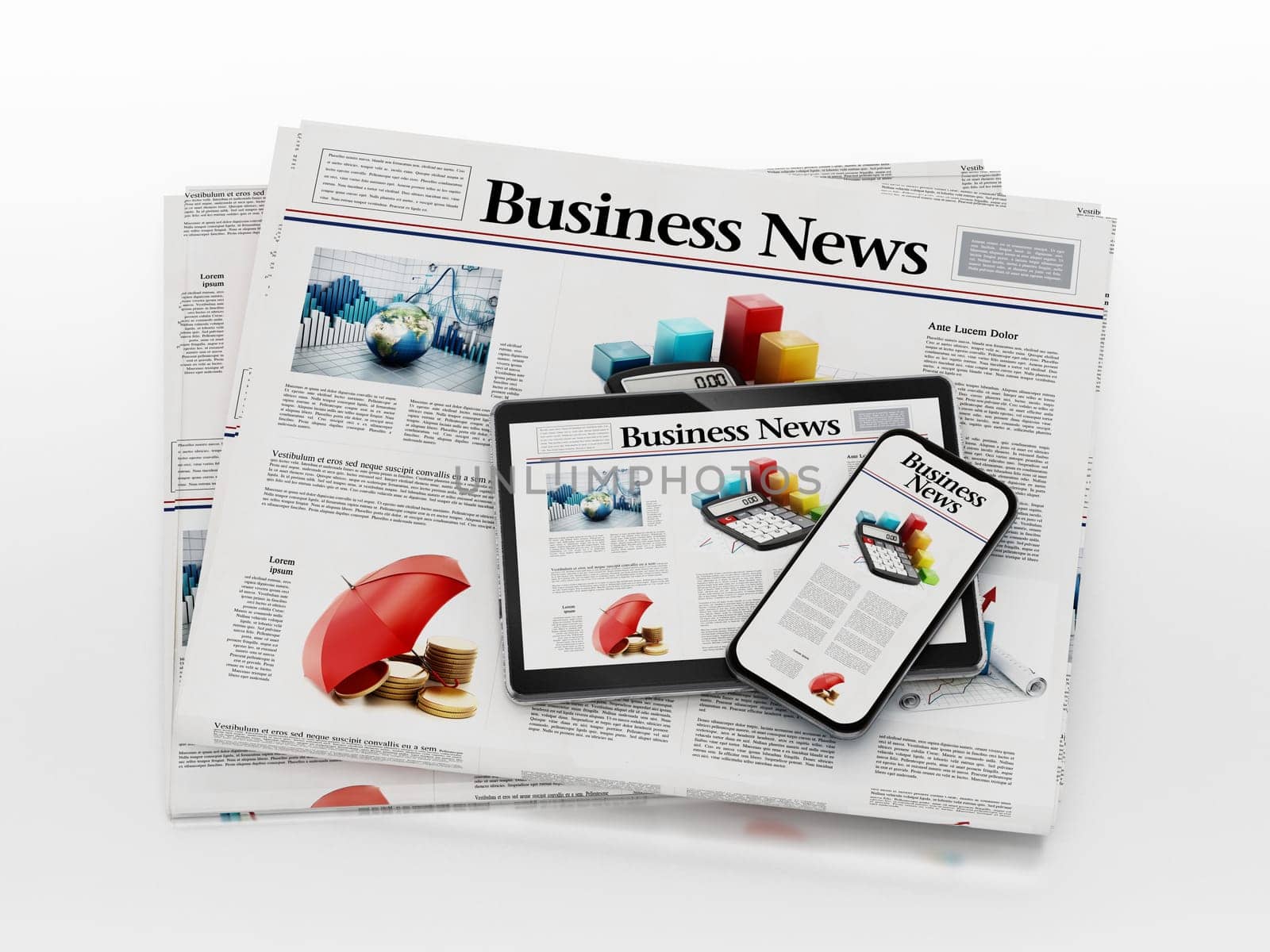 Business newspaper, smartphone and tablet PC isolated on white background. 3D illustration.