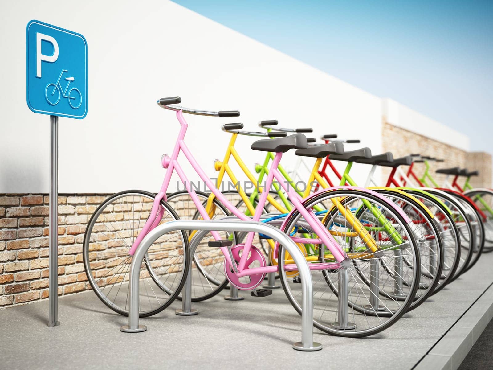 Colorful bicycles in bicycle parking area. 3D illustration.