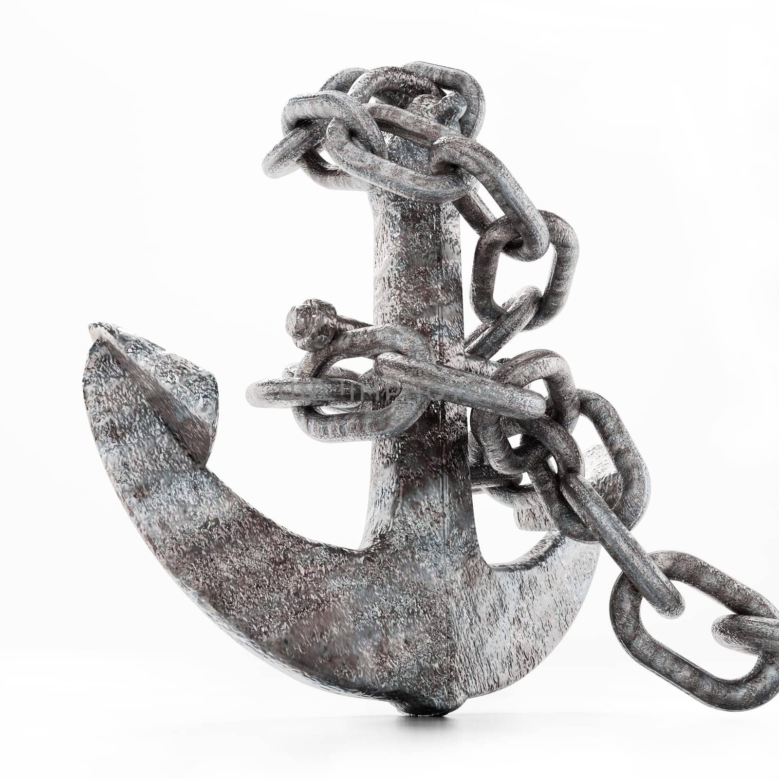 Rusty metal anchor and chain isolated on white background. 3D illustration.