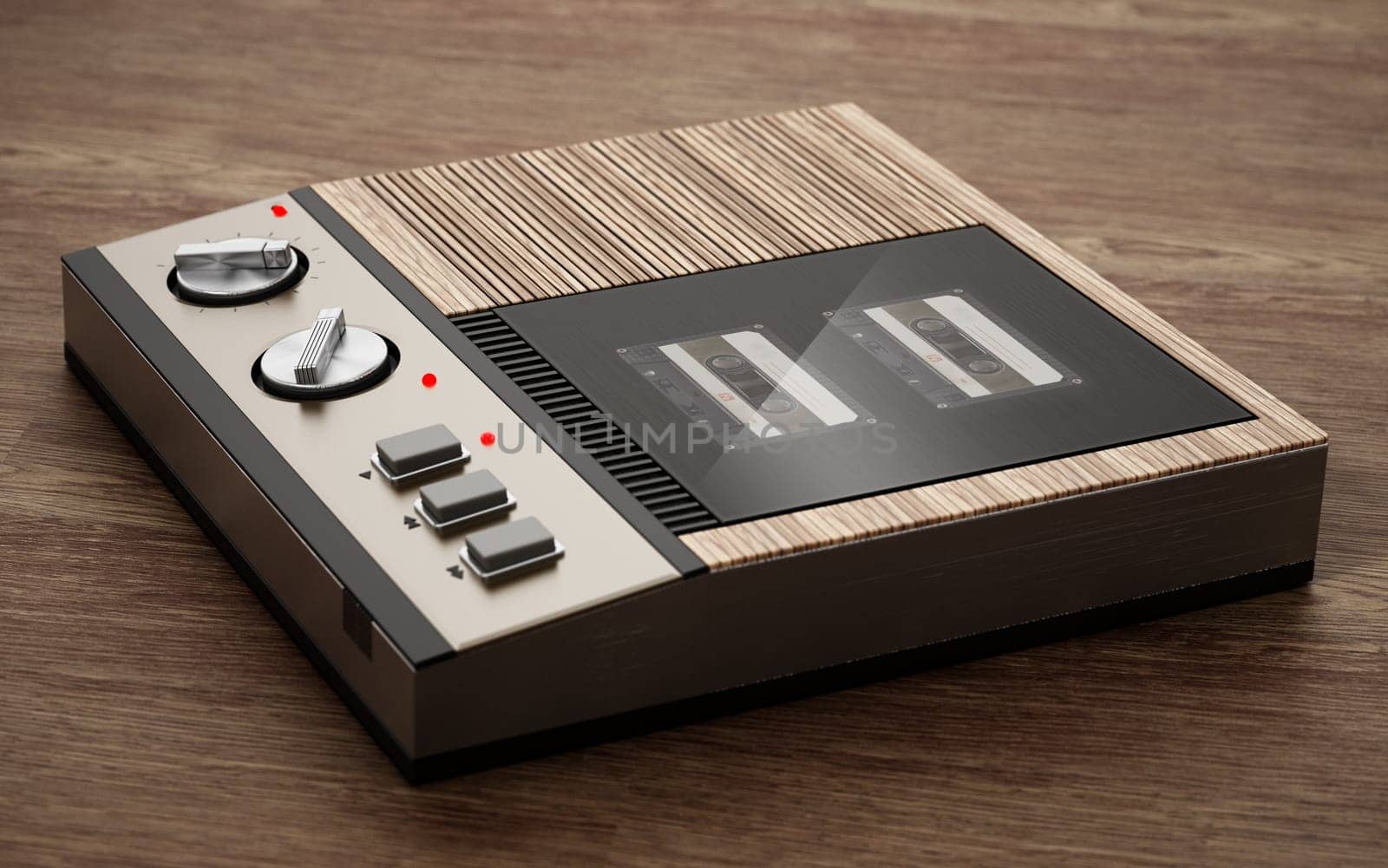 Vintage answering machine standing on wooden table. 3D illustration.