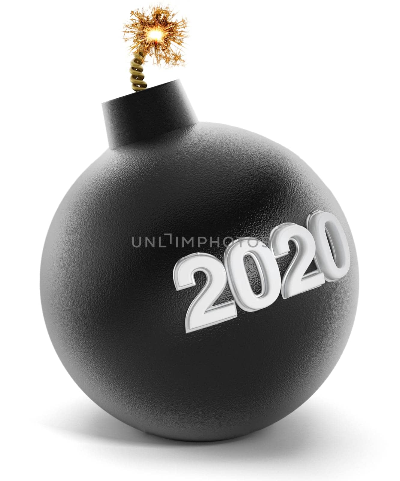 2020 text on bomb with lit fuse. 3D illustration.
