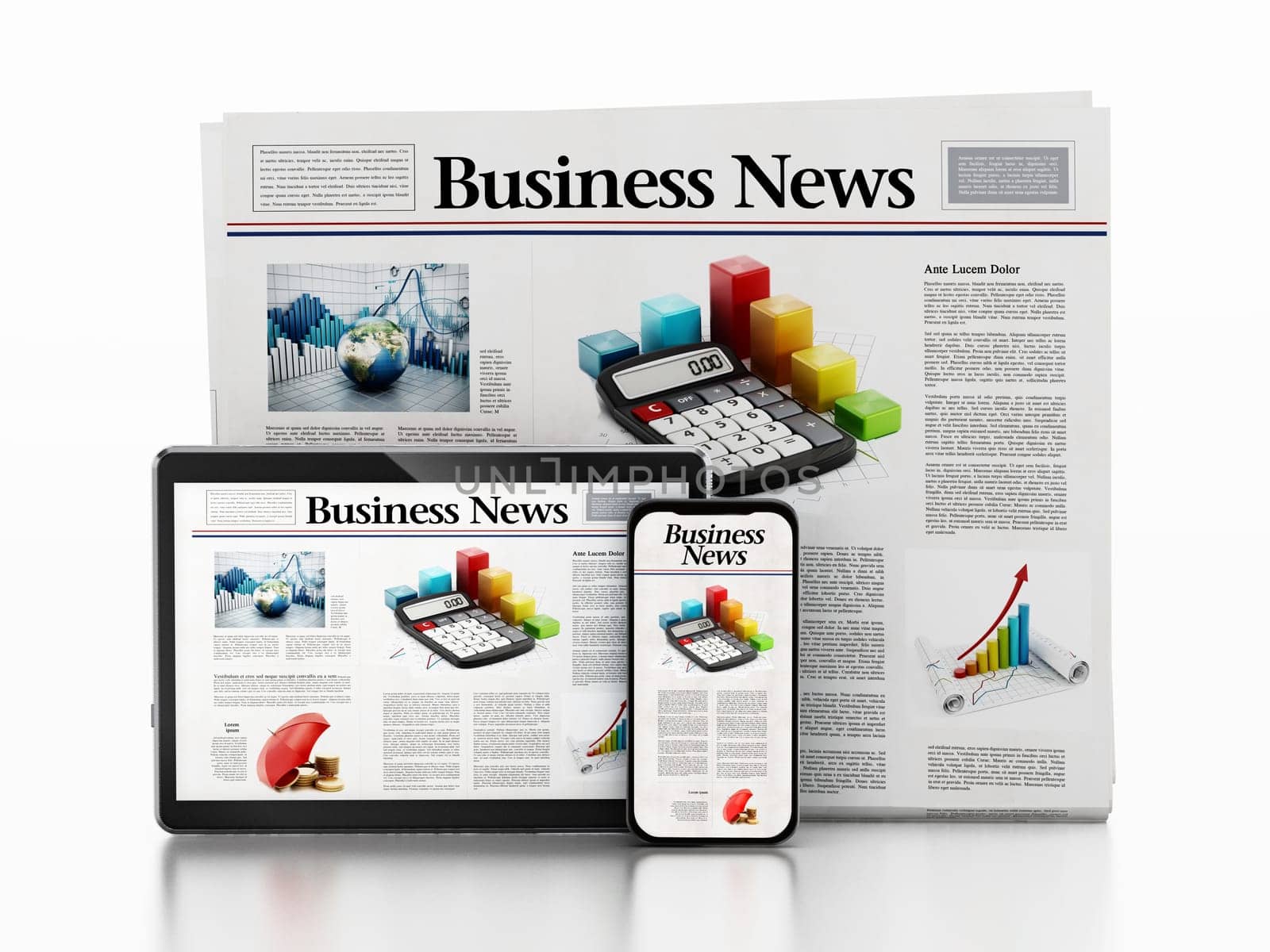 Business newspaper, smartphone and tablet PC isolated on white background. 3D illustration.