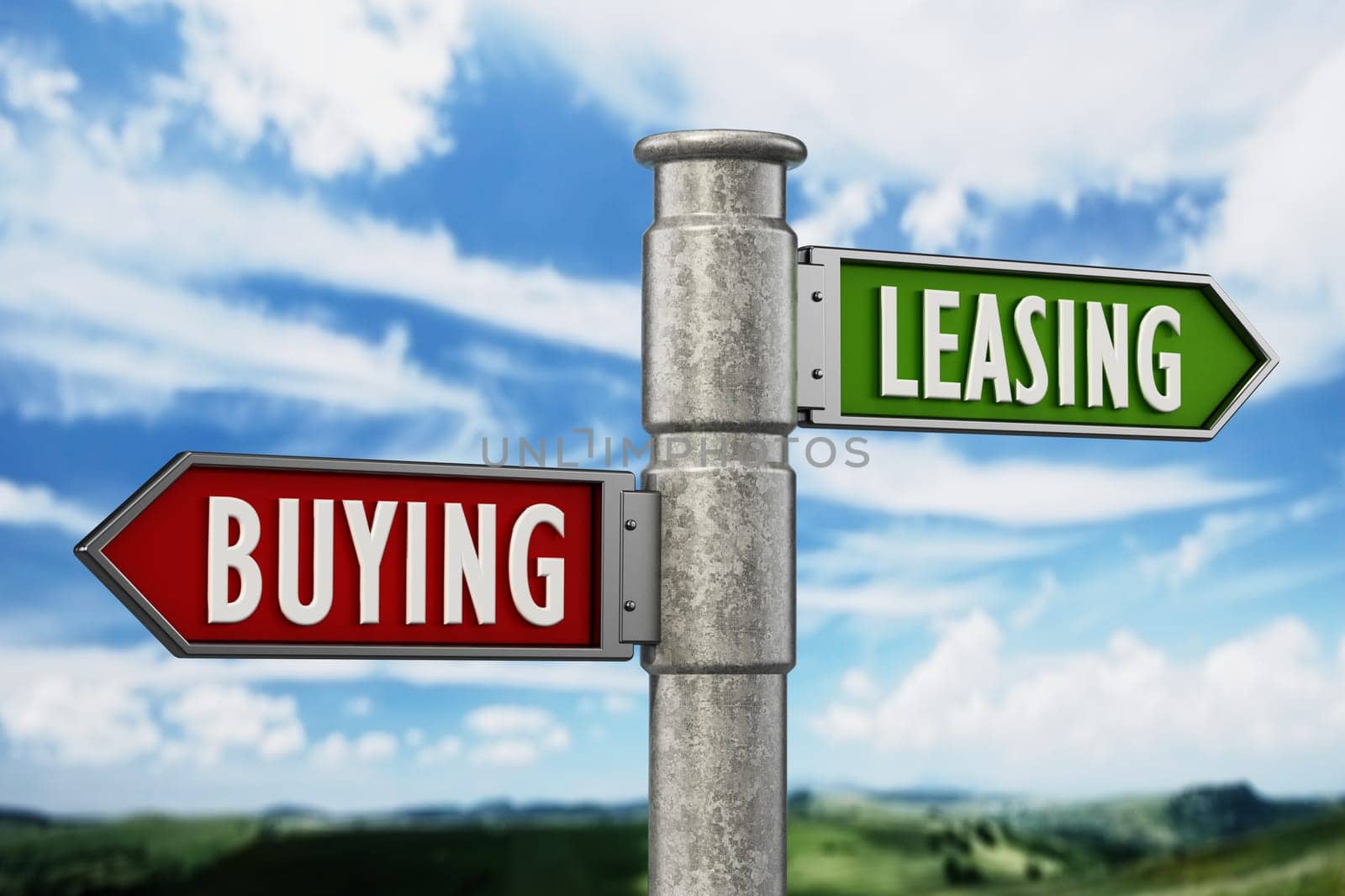 Signpost with buying and leasing arrows against the blue sky. 3D illustration.