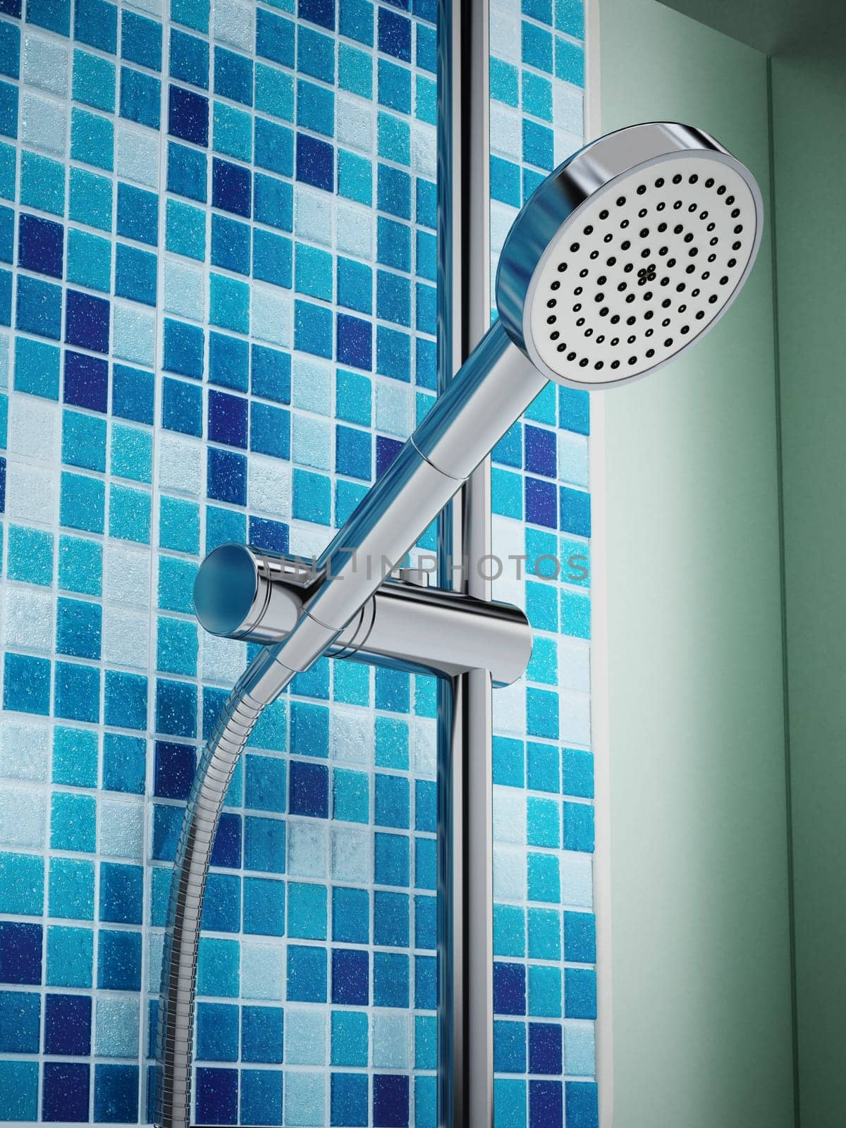 Shower head and fitting on the wall. 3D illustration.