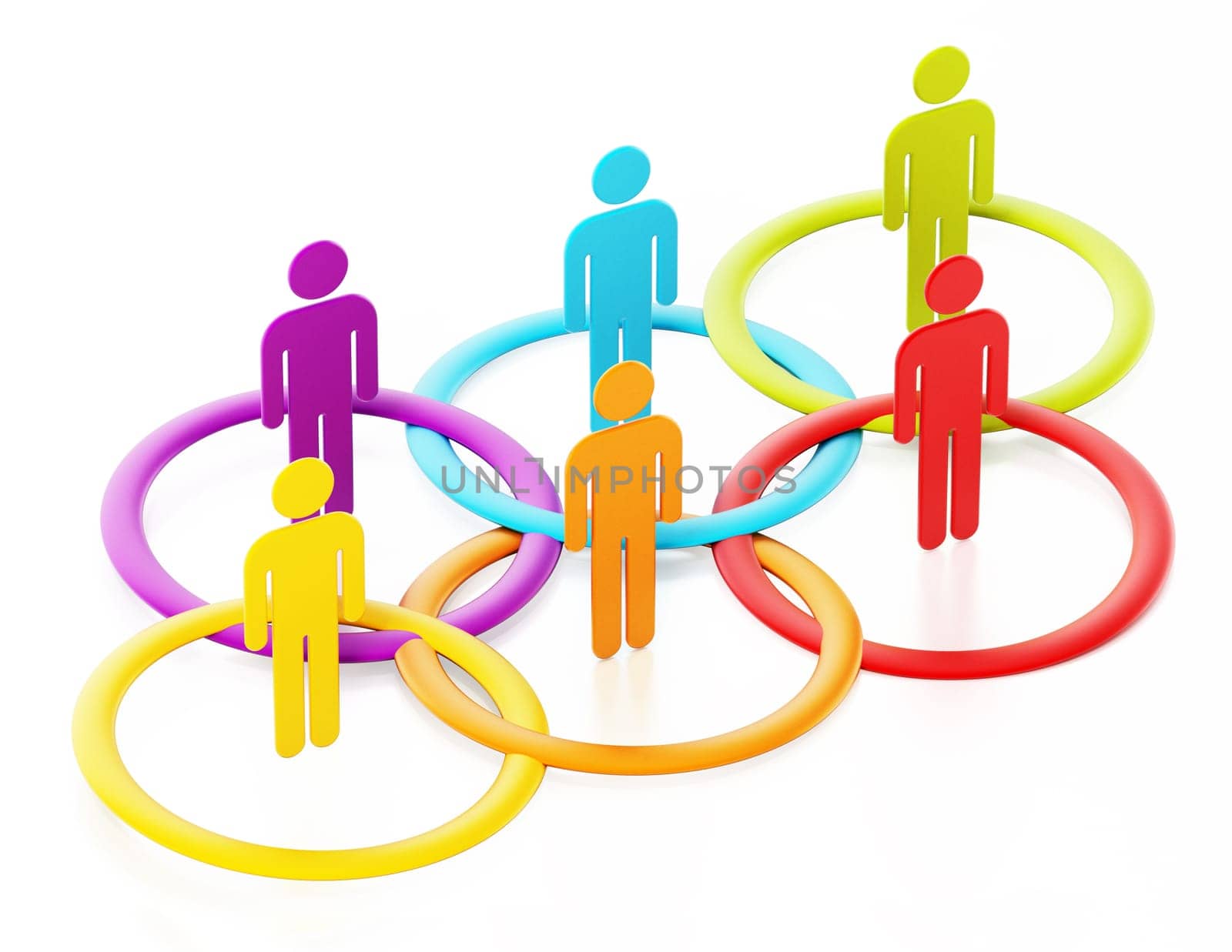3D stick figures inside multi-colored circles. 3D illustration.
