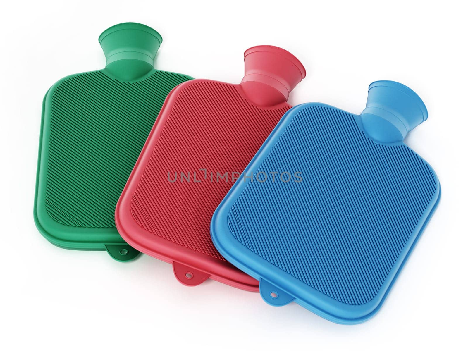 Rubber hot water bottle bags isolated on white background. 3D illustration.