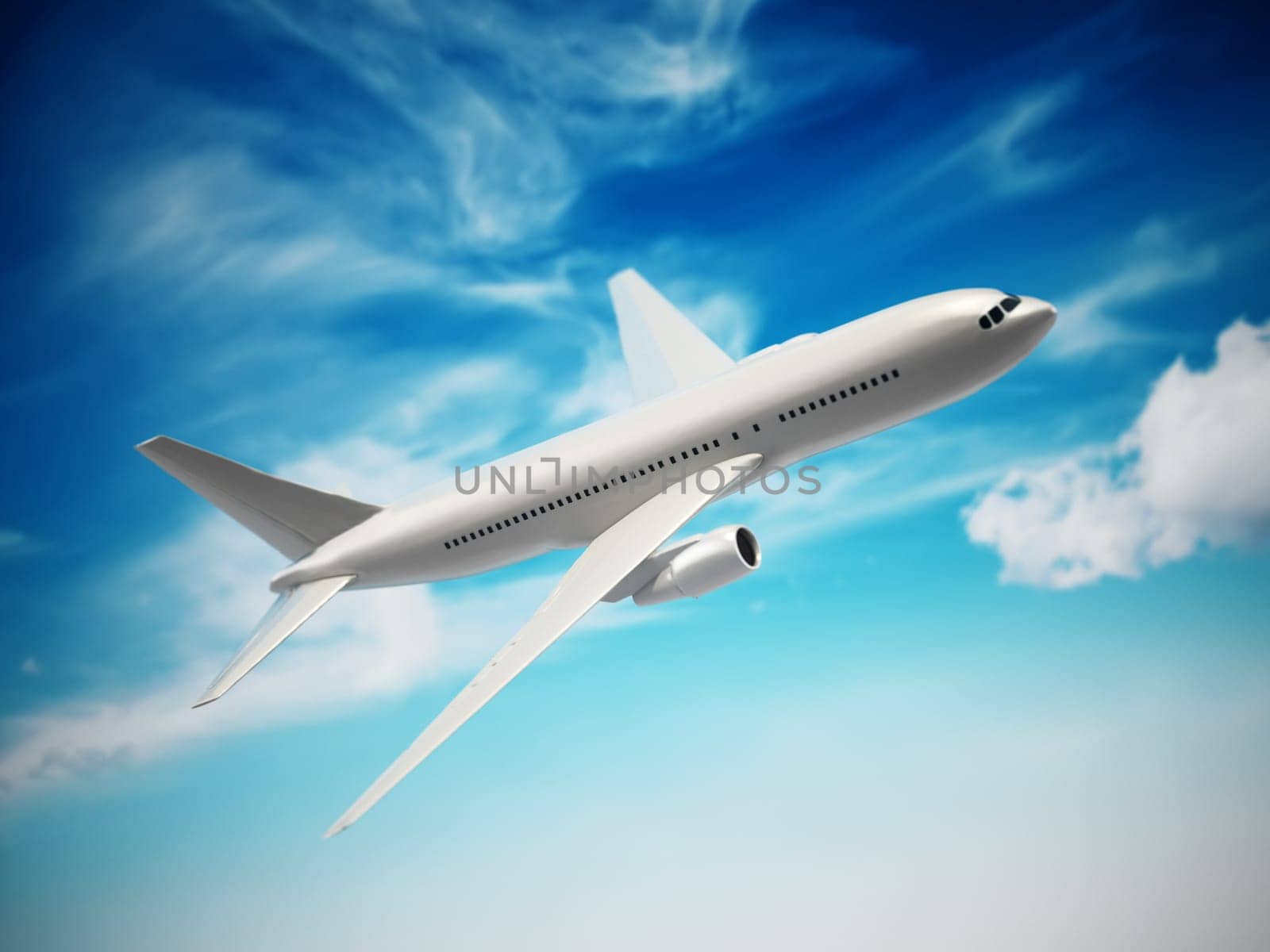 Airplane in the cloudy sky. 3D illustration.