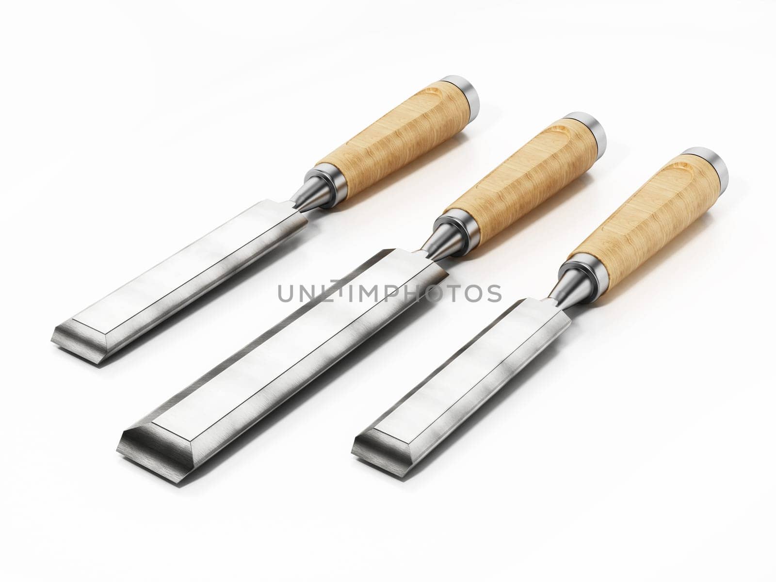 Carpenter's set of chisels isolated on white background. 3D illustration.