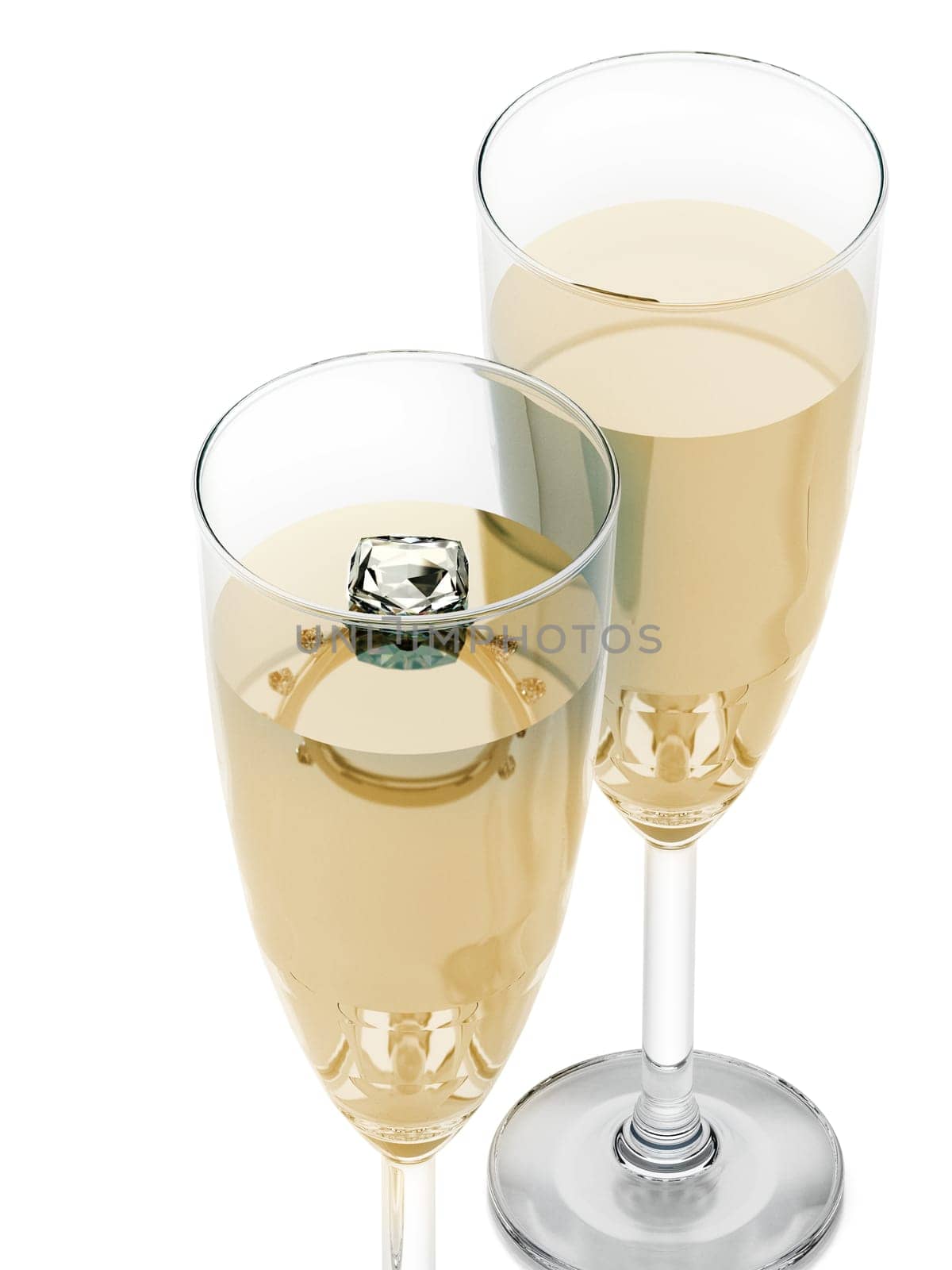Champagne glasses and wedding rings isolated on white background. 3D illustration.
