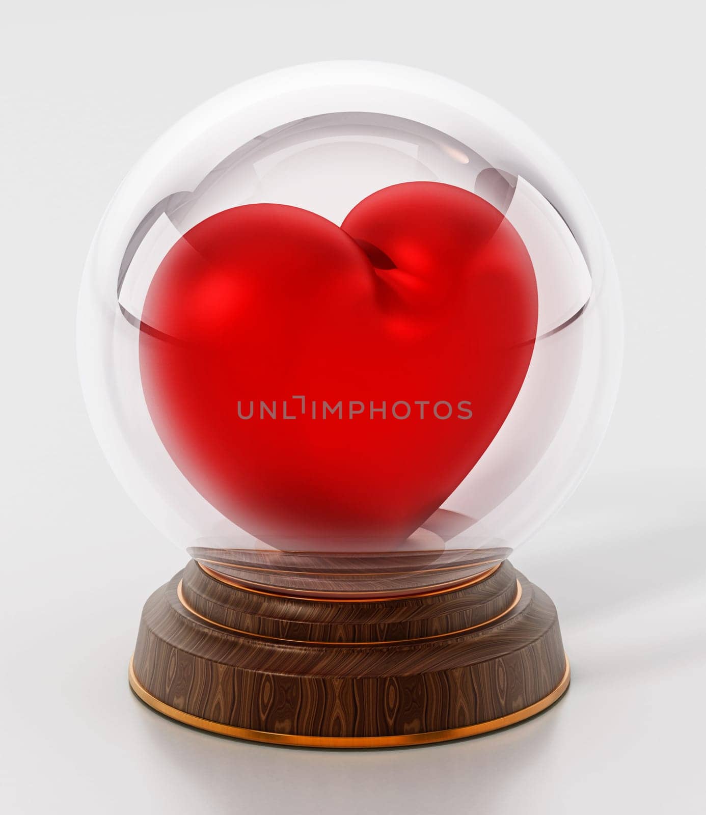 Snowglobe with red heart on white surface. 3D illustration.