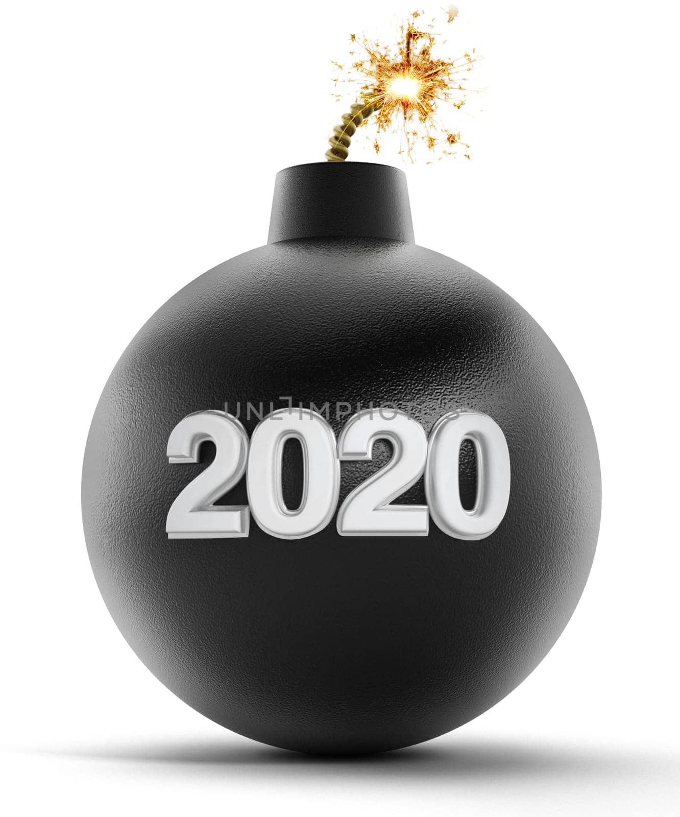 2020 text on bomb with lit fuse. 3D illustration.