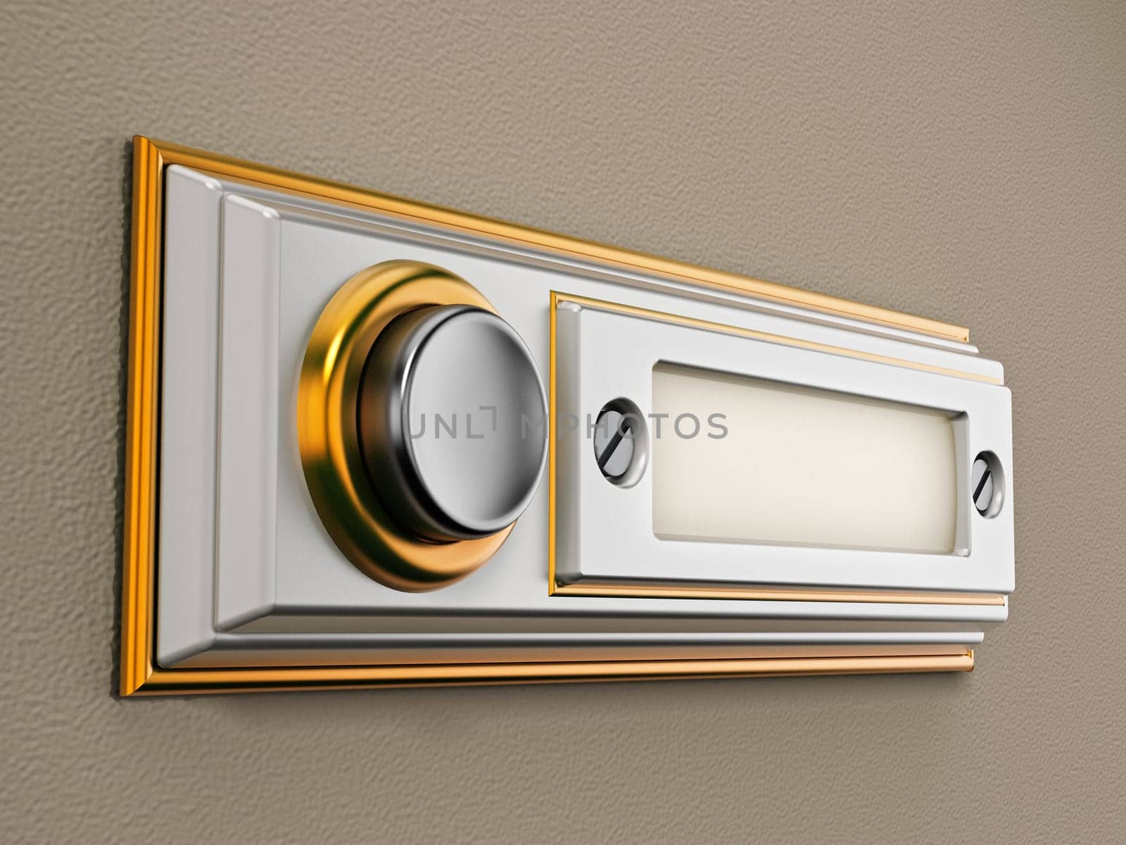 Rectangle vintage doorbell button on the wall. 3D illustration.
