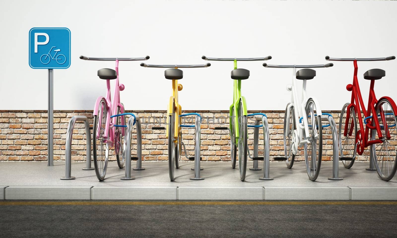 Colorful bicycles in bicycle parking area. 3D illustration.