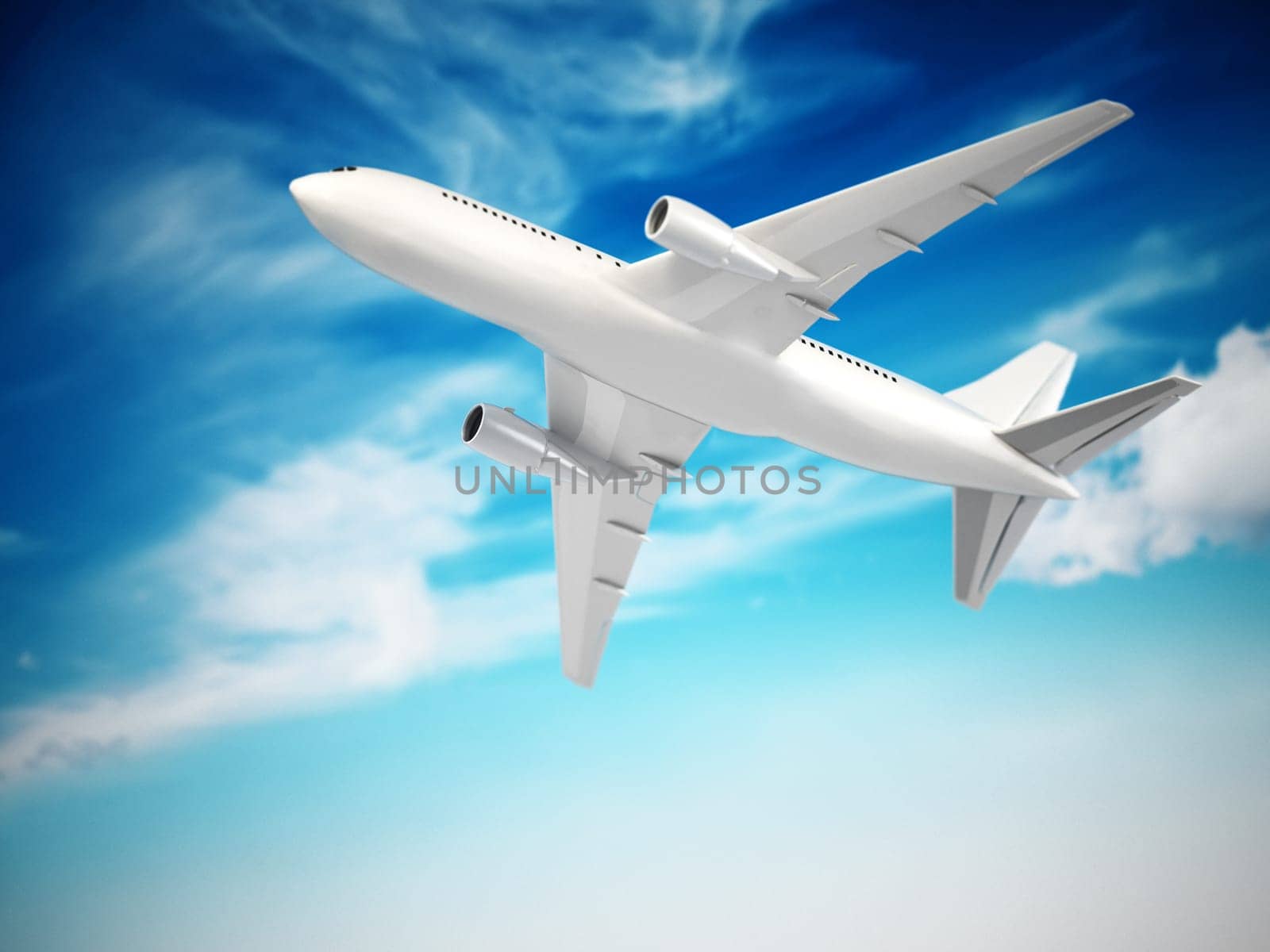 Airplane in the cloudy sky. 3D illustration.