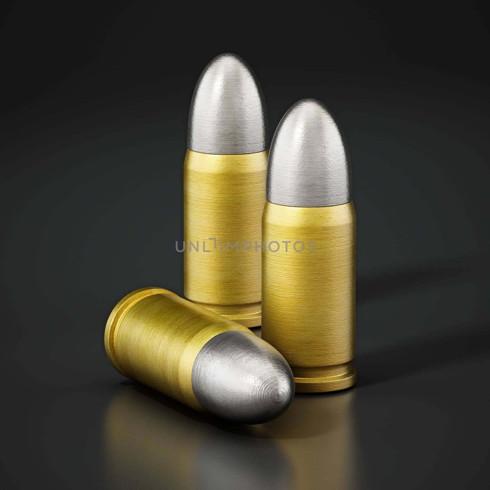 Various pistol bullets isolated on black background. 3D illustration.