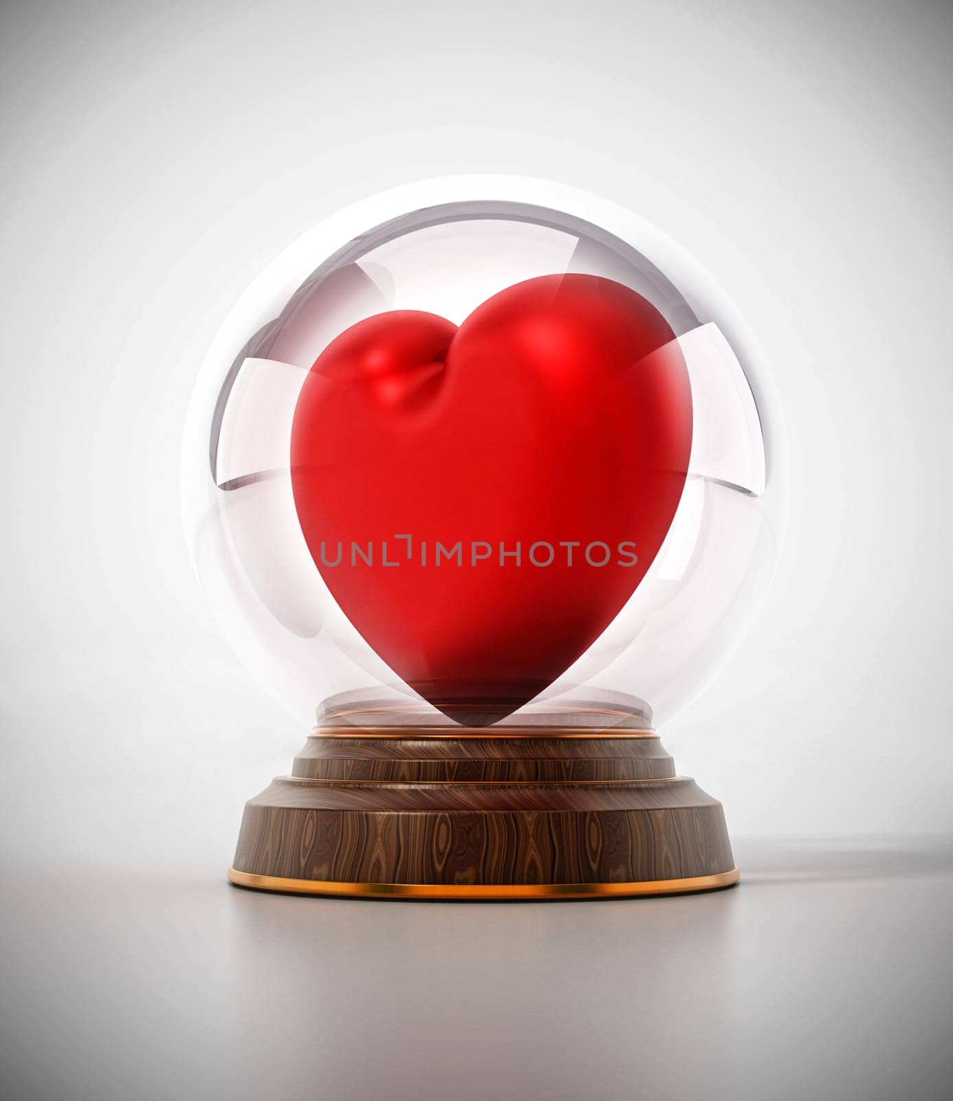 Snowglobe with red heart on white surface. 3D illustration.