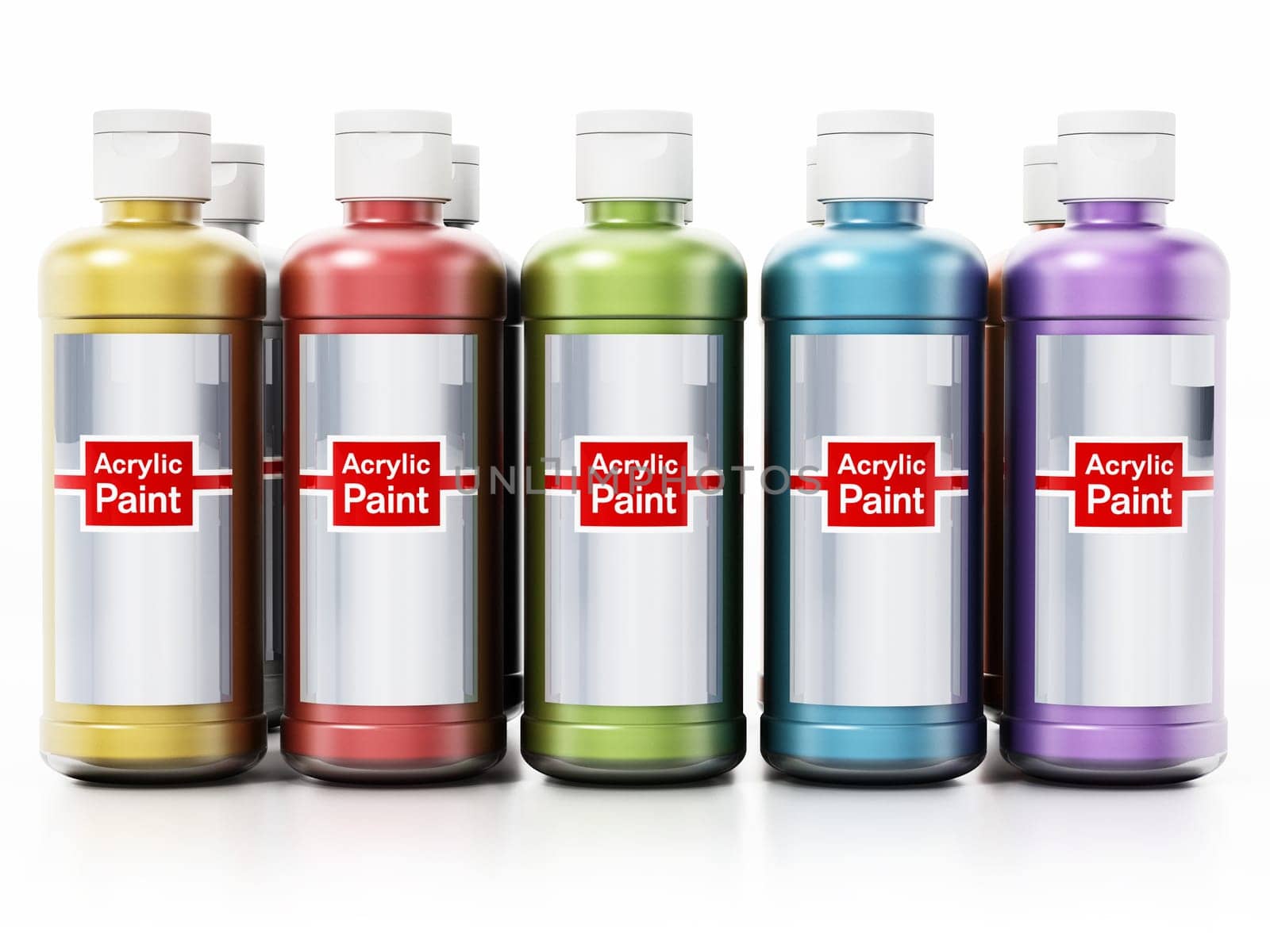 Acrylic paint bottles with color choices isolated on white background. 3D illustration.