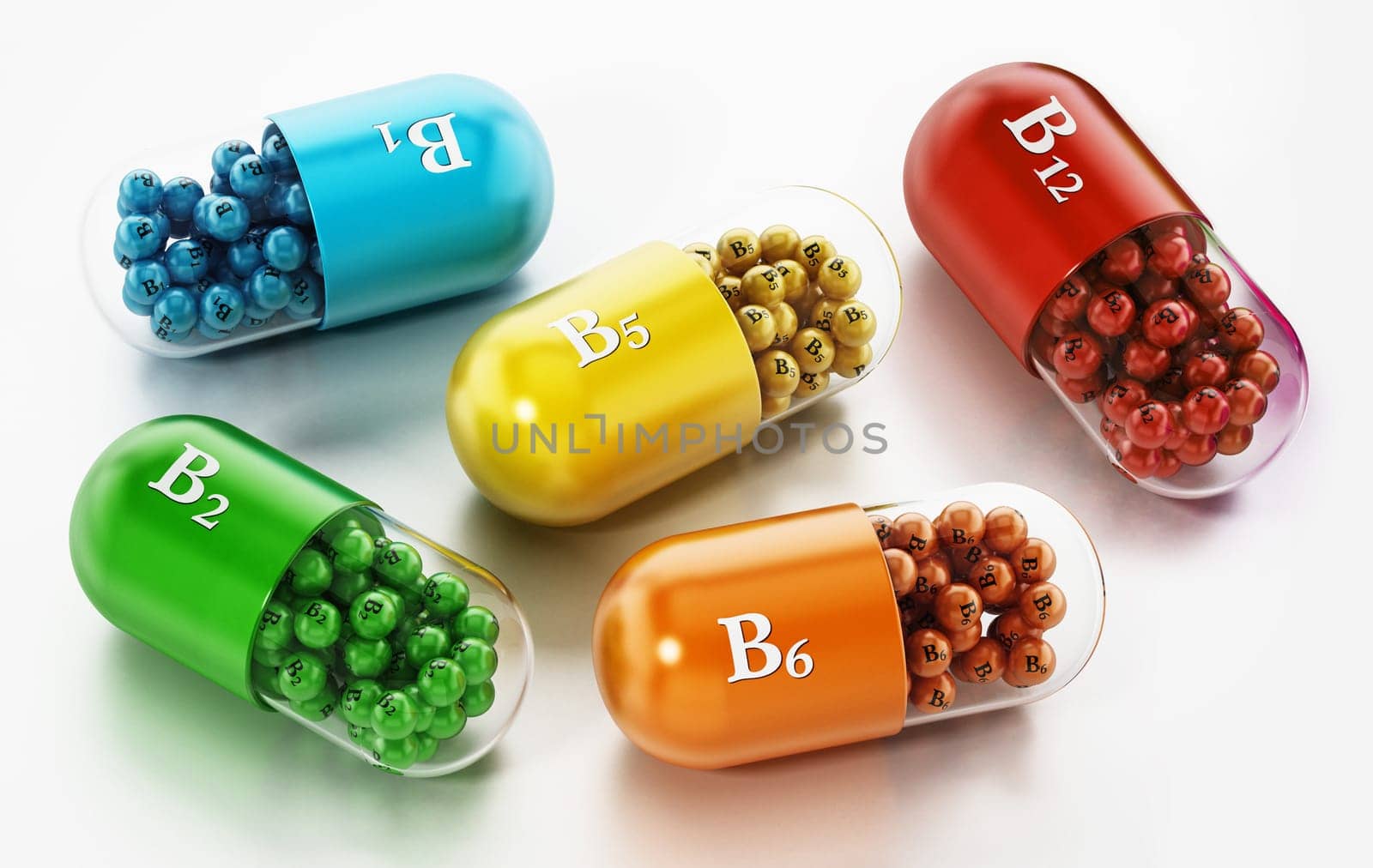 Various vitamin B pills isolated on white background. 3D illustration.