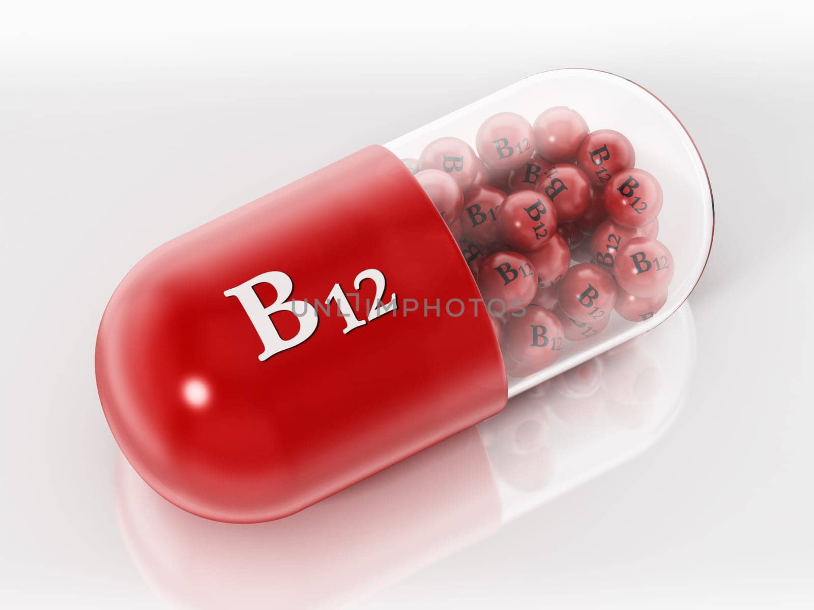 Vitamin B12 pill with small spheres isolated on white background. 3D illustration.