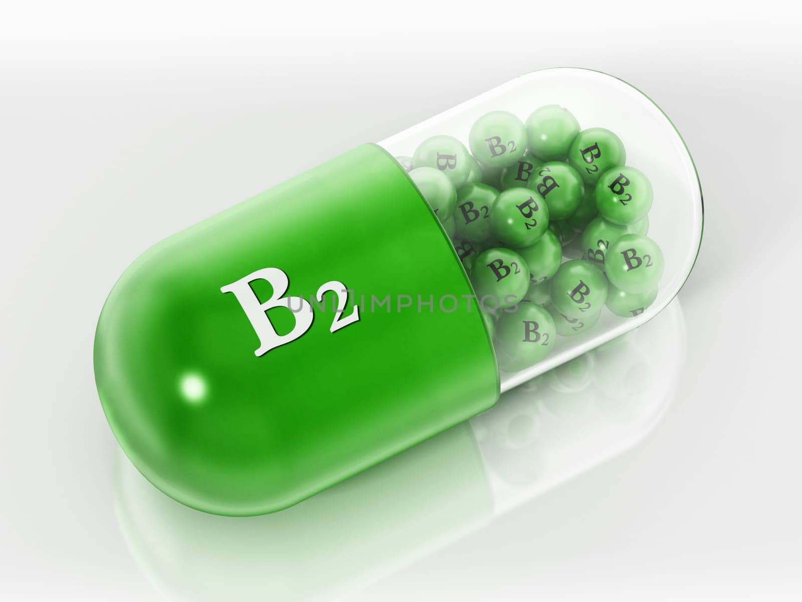 Vitamin B2 pill with small spheres isolated on white background. 3D illustration.