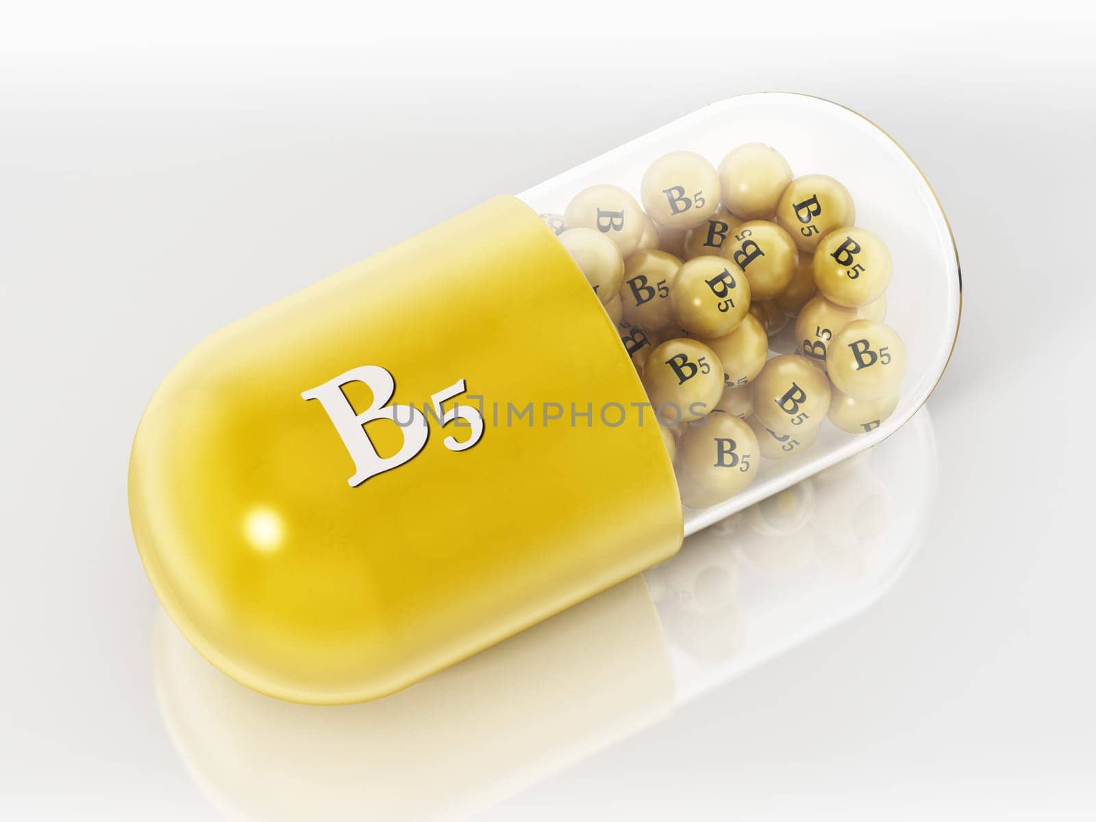 Vitamin B5 pill with small spheres isolated on white background. 3D illustration.