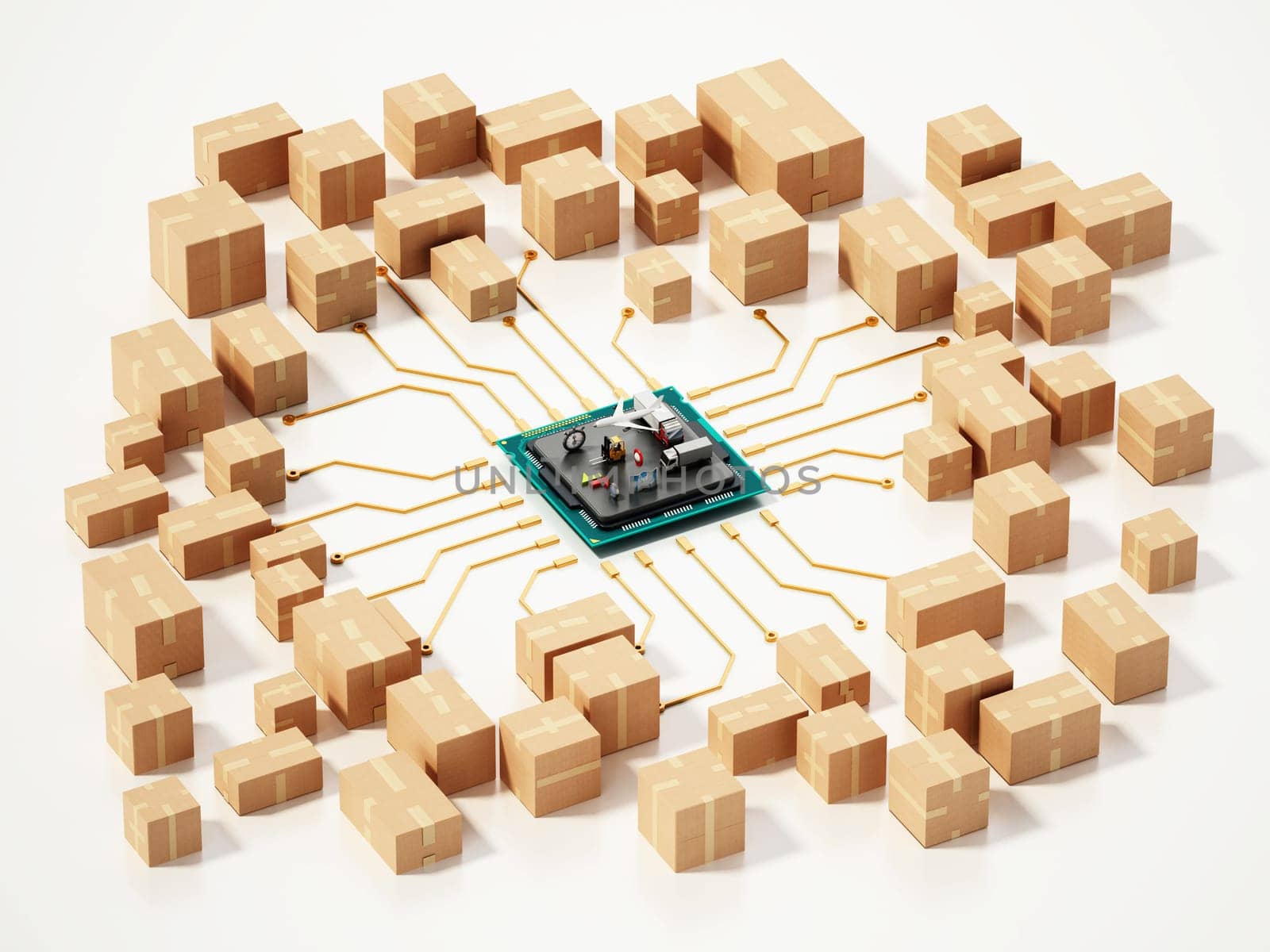 Large group of cardboard boxes connected to microchip. 3D illustration.