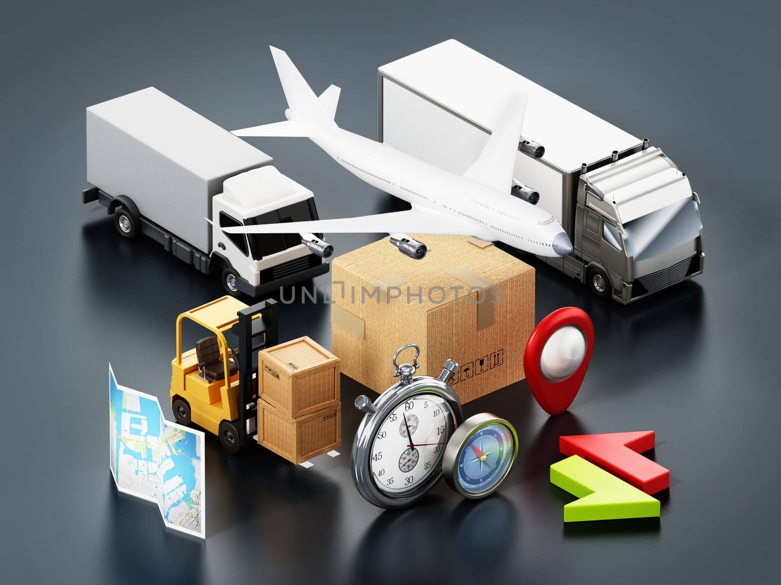 Global transportation concept with vehicles and boxes. 3D illustration.