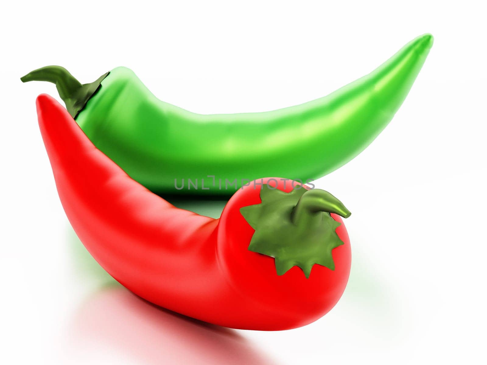Red and green pepper isolated on white background. 3D illustration.
