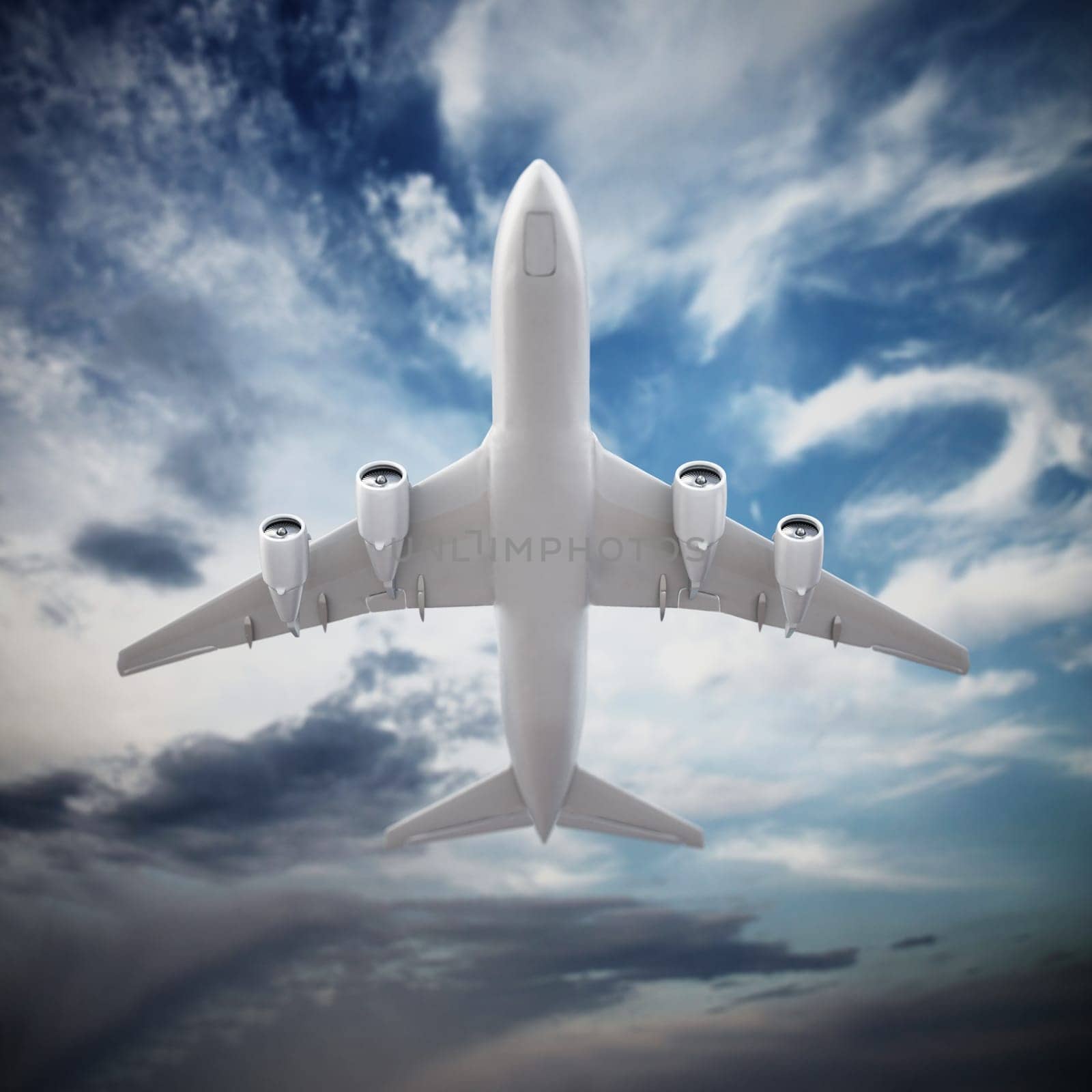 Airplane in the cloudy sky. 3D illustration.