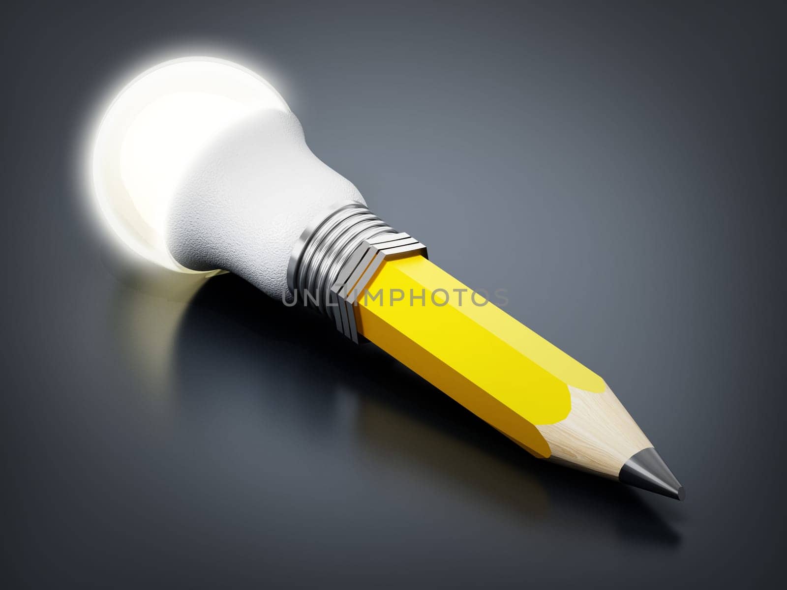 Pencil with atached lightbulb on black background. 3D illustration.