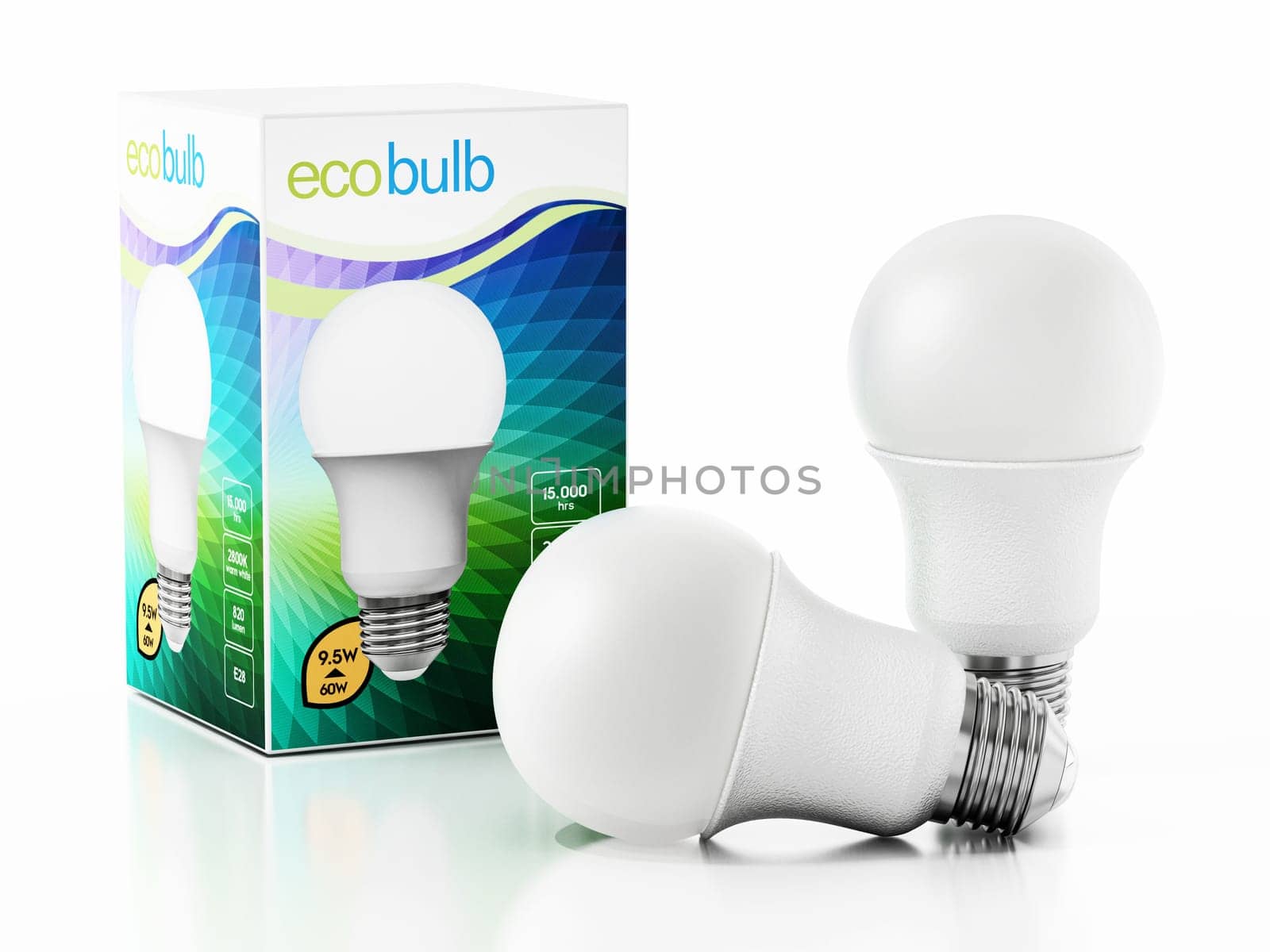 LED lightbulbs and generic package design isolated on white background. 3D illustration.