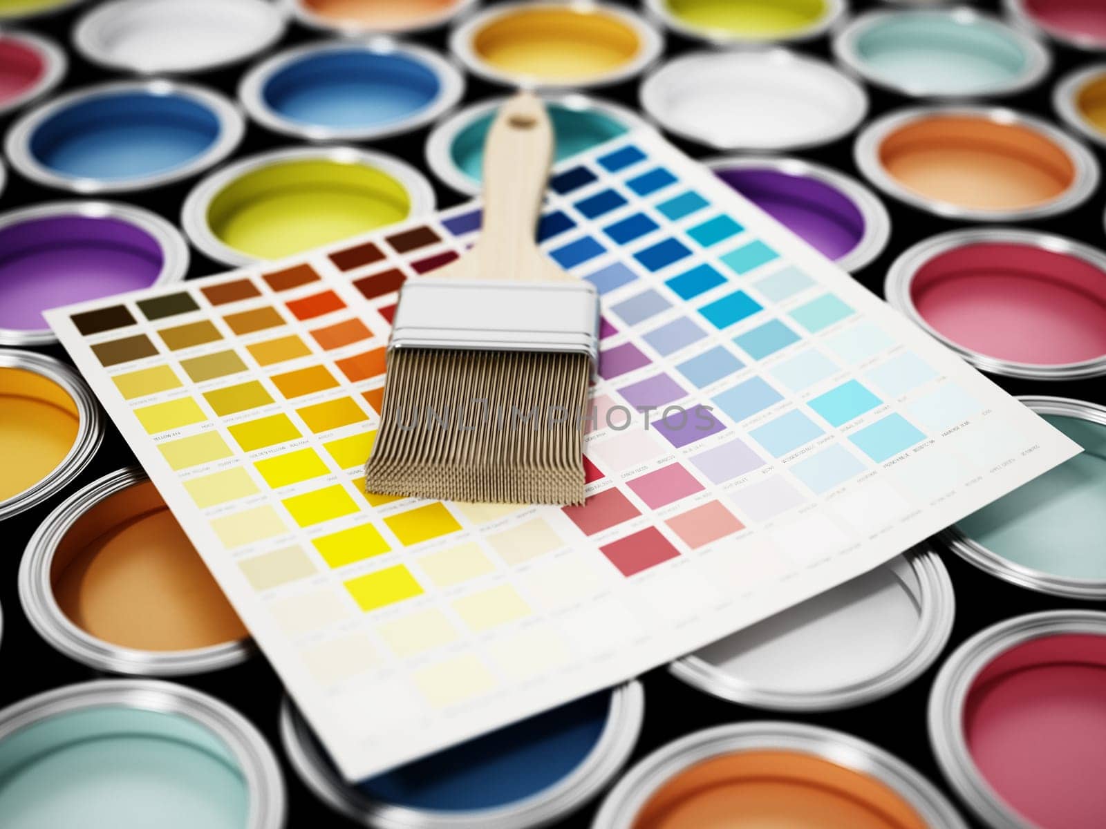 Various paint cans, roller and color guide. 3D illustration.