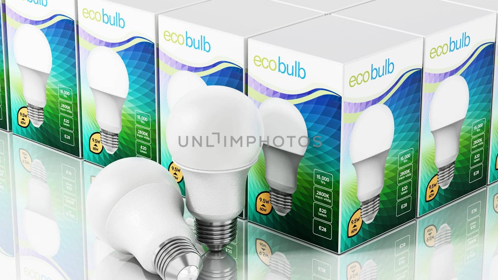 LED lightbulbs and generic package design isolated on white background. 3D illustration.