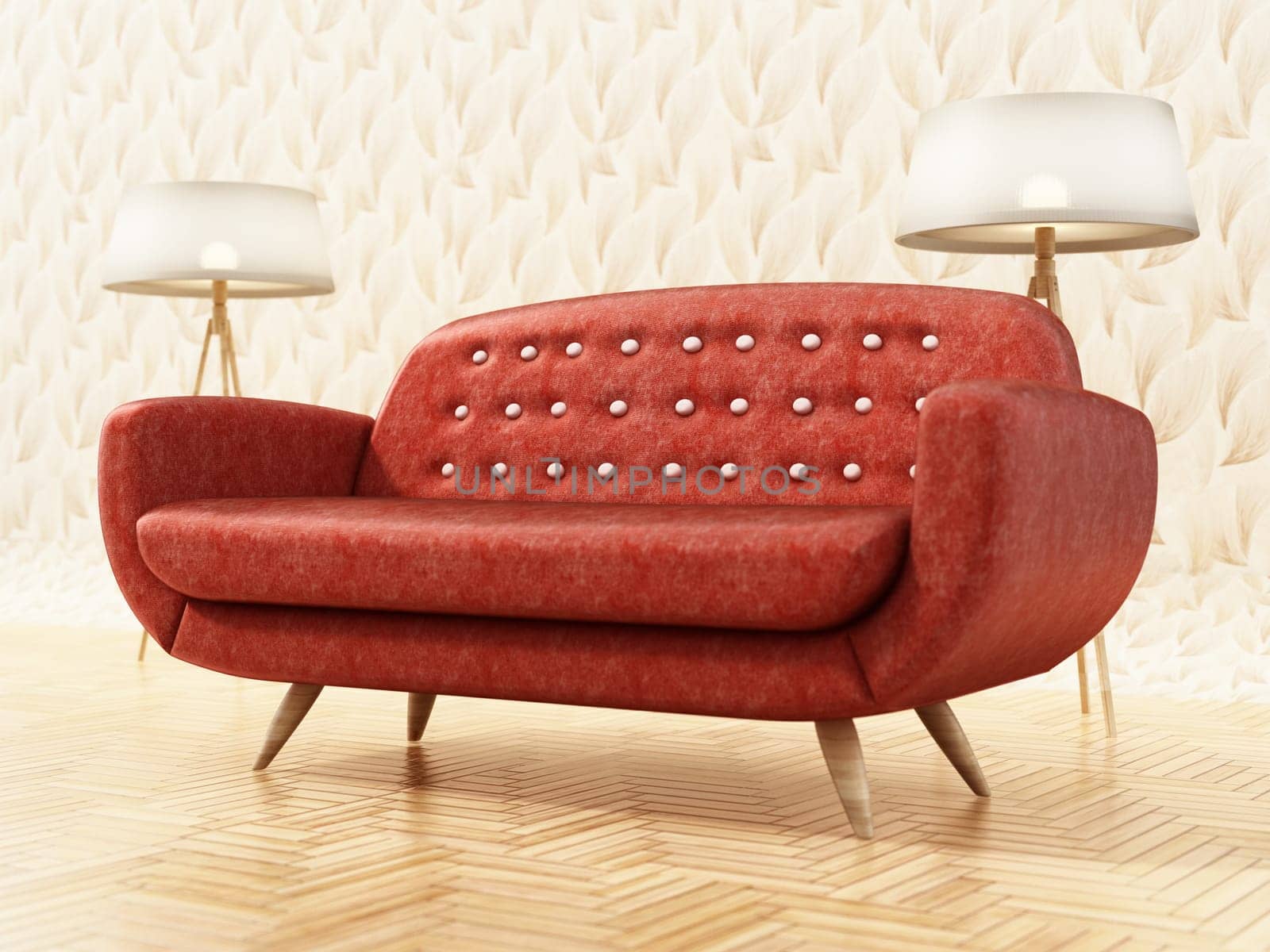 Comfortable sofa on vintage wallpaper. 3D illustration.