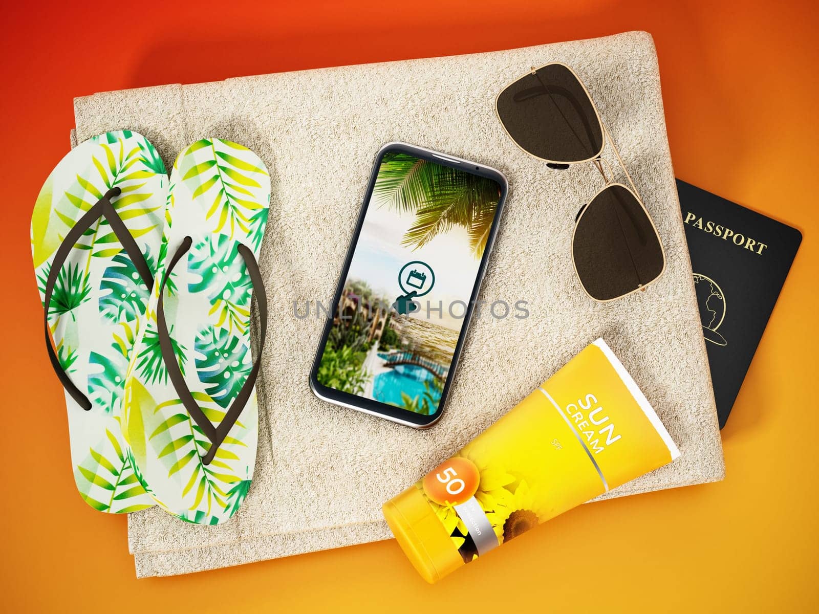 Slippers,sun screen tube, smartphone and sunglasses standing on beach towel. 3D illustration.