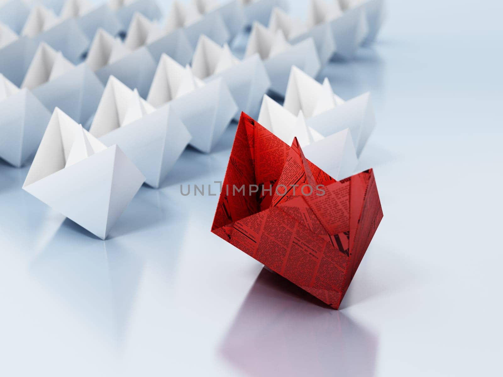 Red paper ship leading white regular paper ships. 3D illustration.