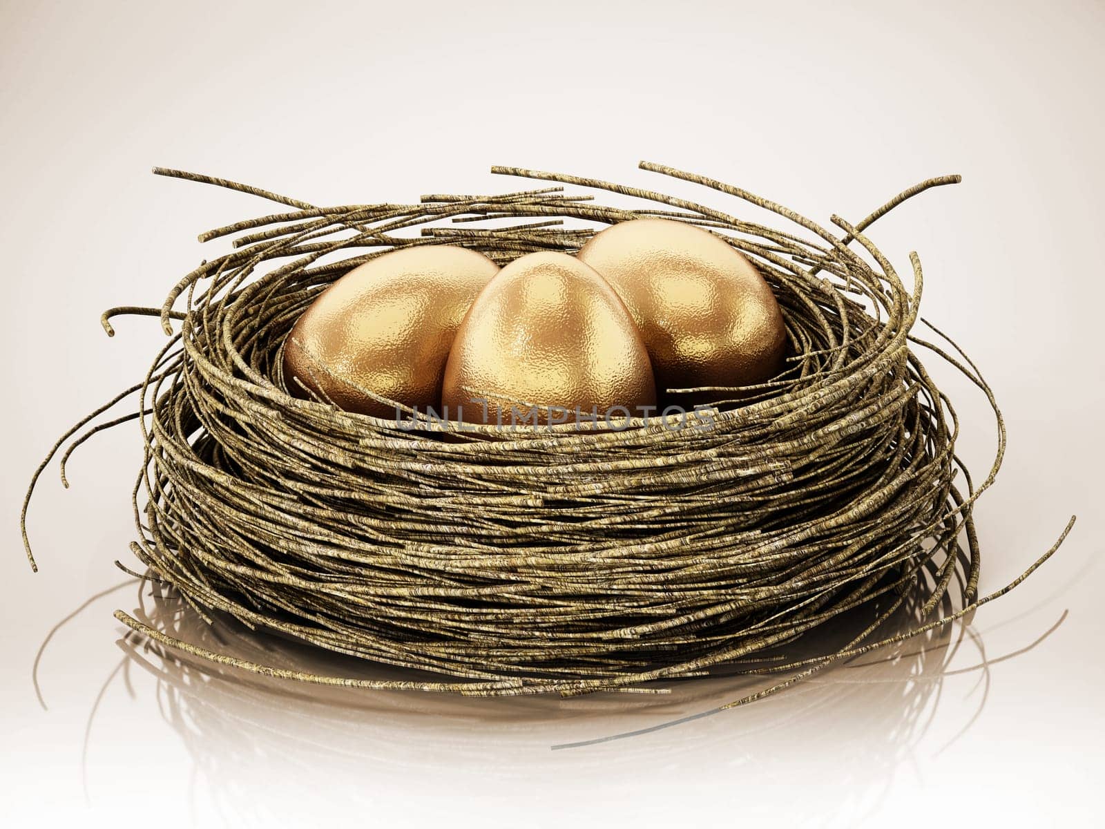 Gold eggs inside bird nest. 3D illustration.