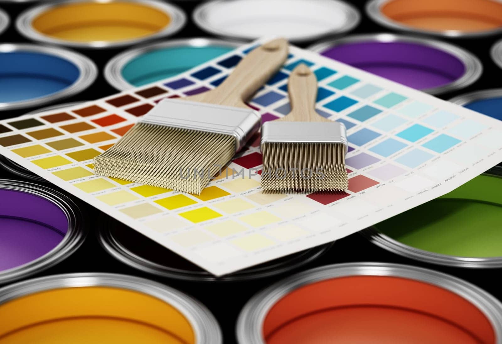 Various paint cans, roller and color guide. 3D illustration.