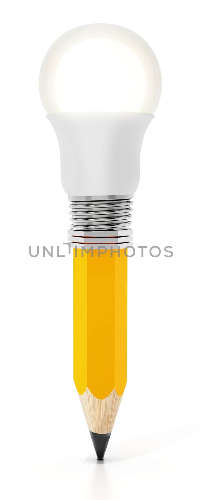 Pencil with atached lightbulb isolated on white background. 3D illustration.