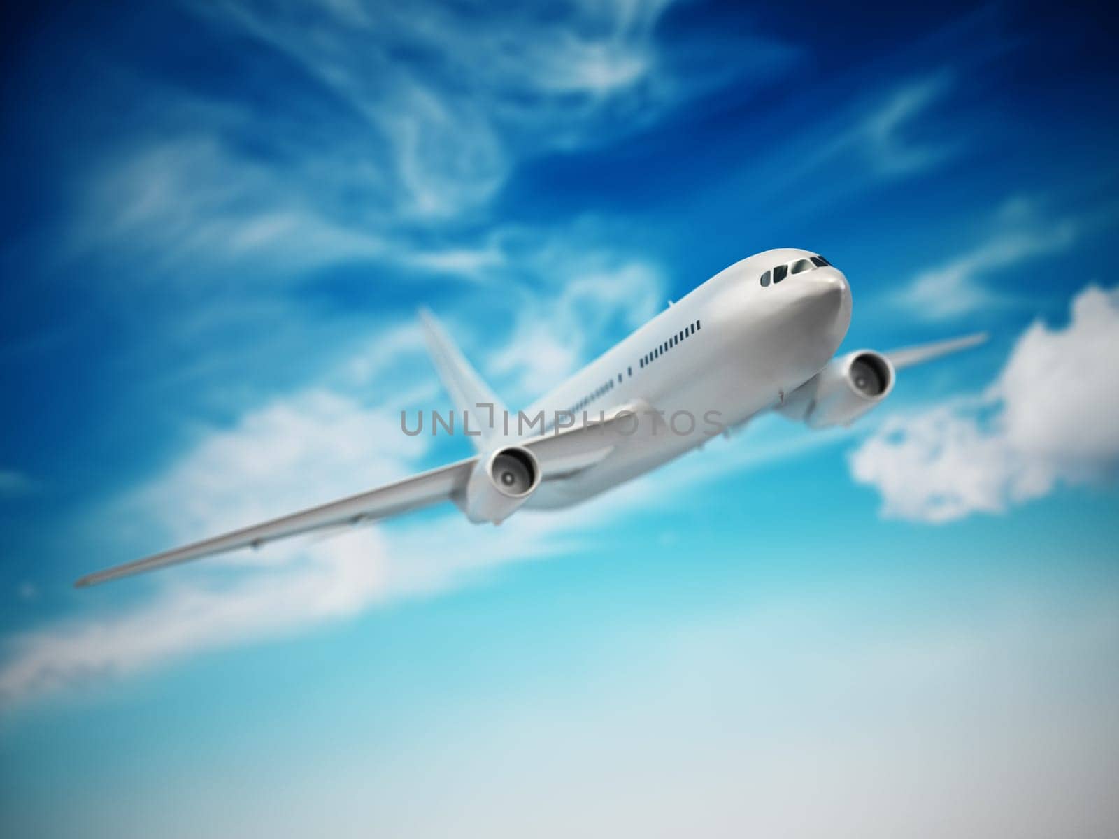 Airplane in the cloudy sky. 3D illustration.