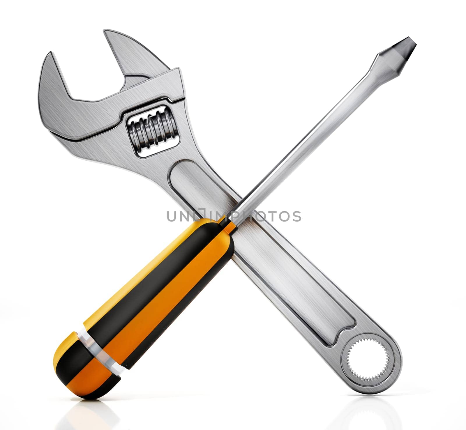 Crossed wrench and screwdriver isolated on white background. 3D illustration.