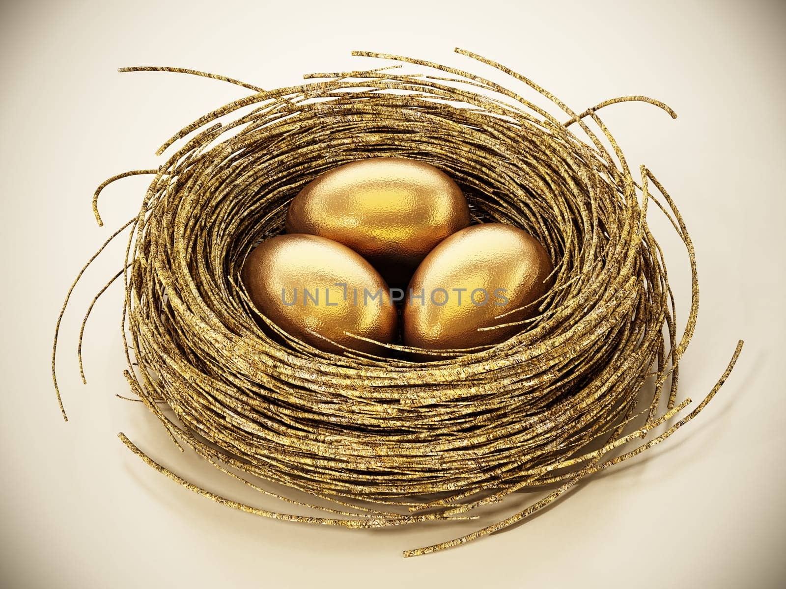 Gold eggs inside bird nest. 3D illustration.