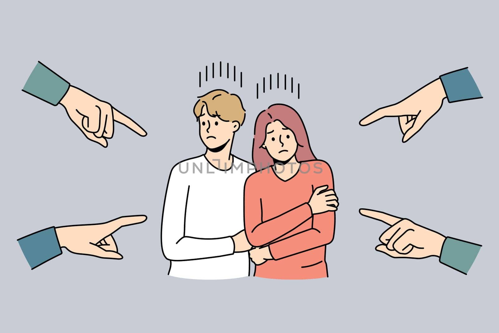 Numerous hands pointing at scared unhappy couple feeling unwell for blaming and guilt. Society shaming young man and woman for relationships. Discrimination. Vector illustration.