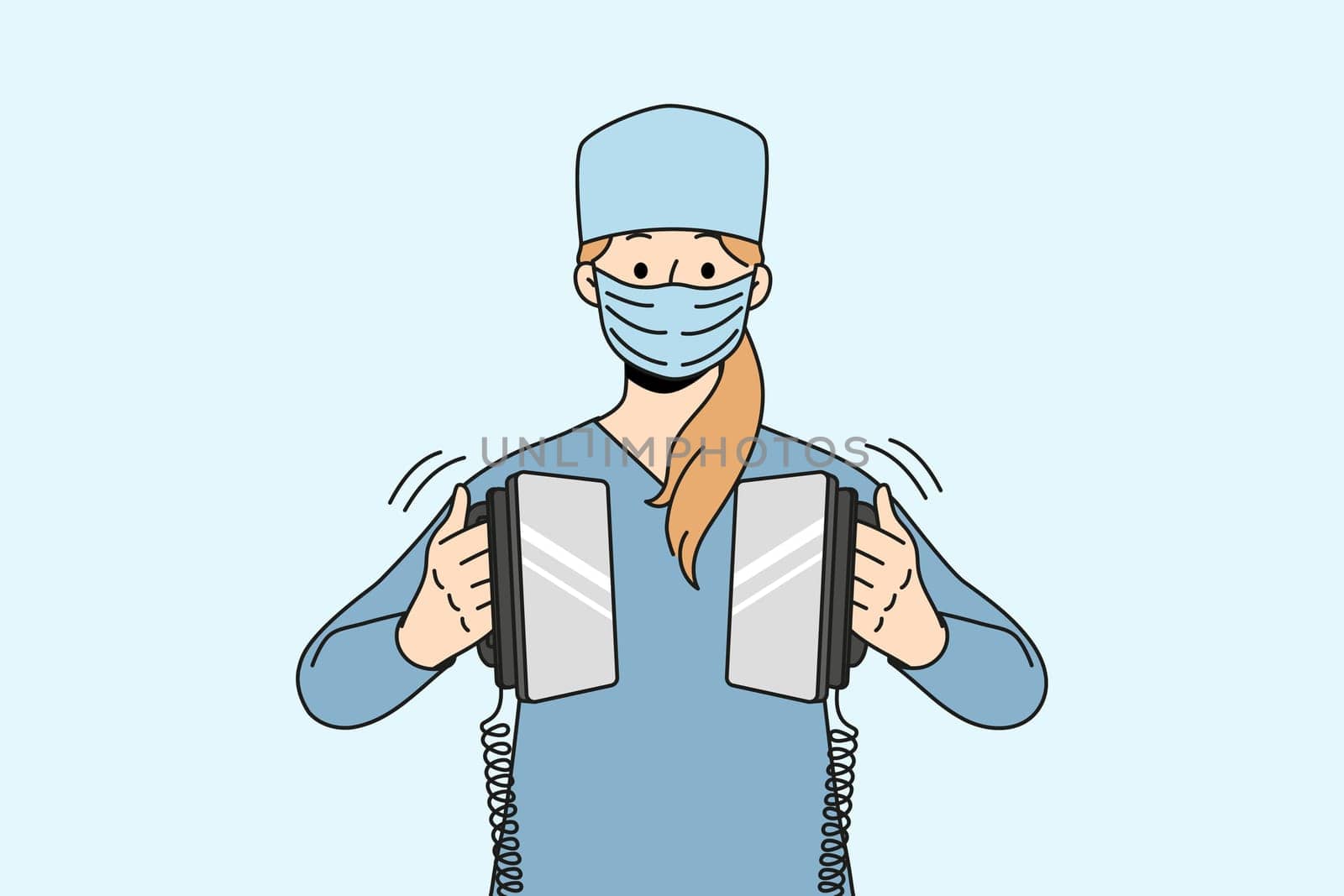 Woman nurse in medical uniform and facemask resuscitating patient in hospital. Female worker use defibrillator in ER in clinic. Medicine and healthcare. Vector illustration.