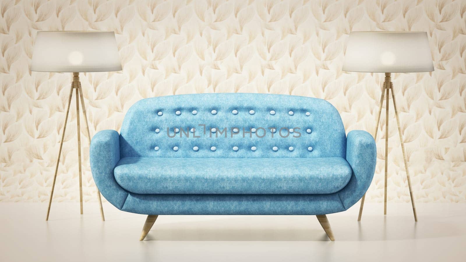 Comfortable sofa on vintage wallpaper. 3D illustration.