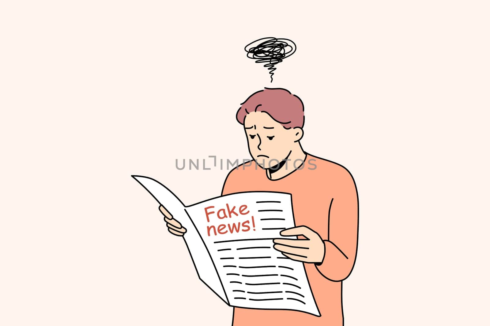 Confused man reading newspaper feeling unsure about news. Skeptical doubtful guy unhappy about disinformation and propaganda in printed media. Vector illustration.