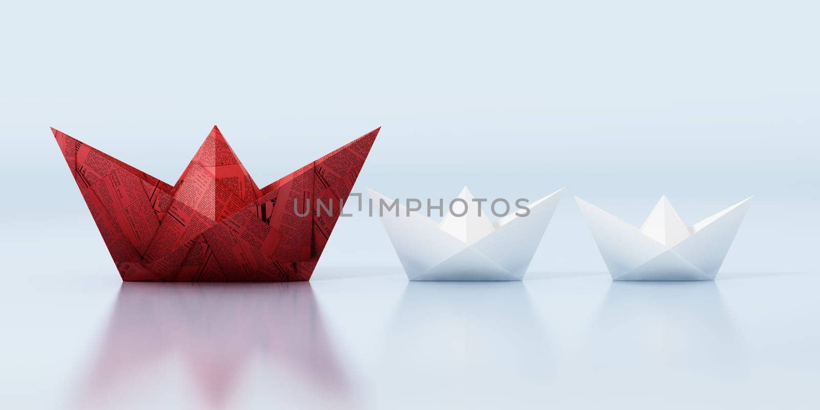Red paper ship leading white regular paper ships. 3D illustration.